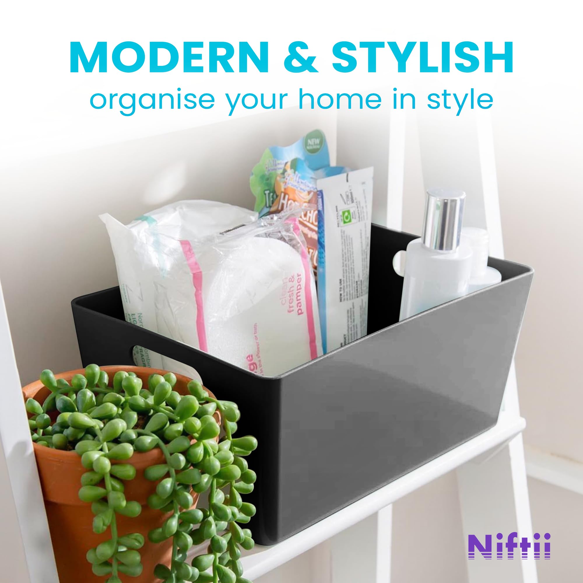 Niftii 5-Pack Plastic Shelf Baskets with Sturdy Handles | 3.9L Capacity | Black 5