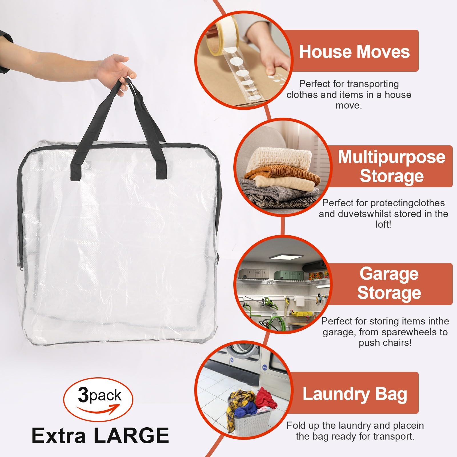 BARGAIN FACTORY Storage Bags - Pack of 3 XL Heavy Duty Moving & Wardrobe Storage | 60x60x20 cm 3