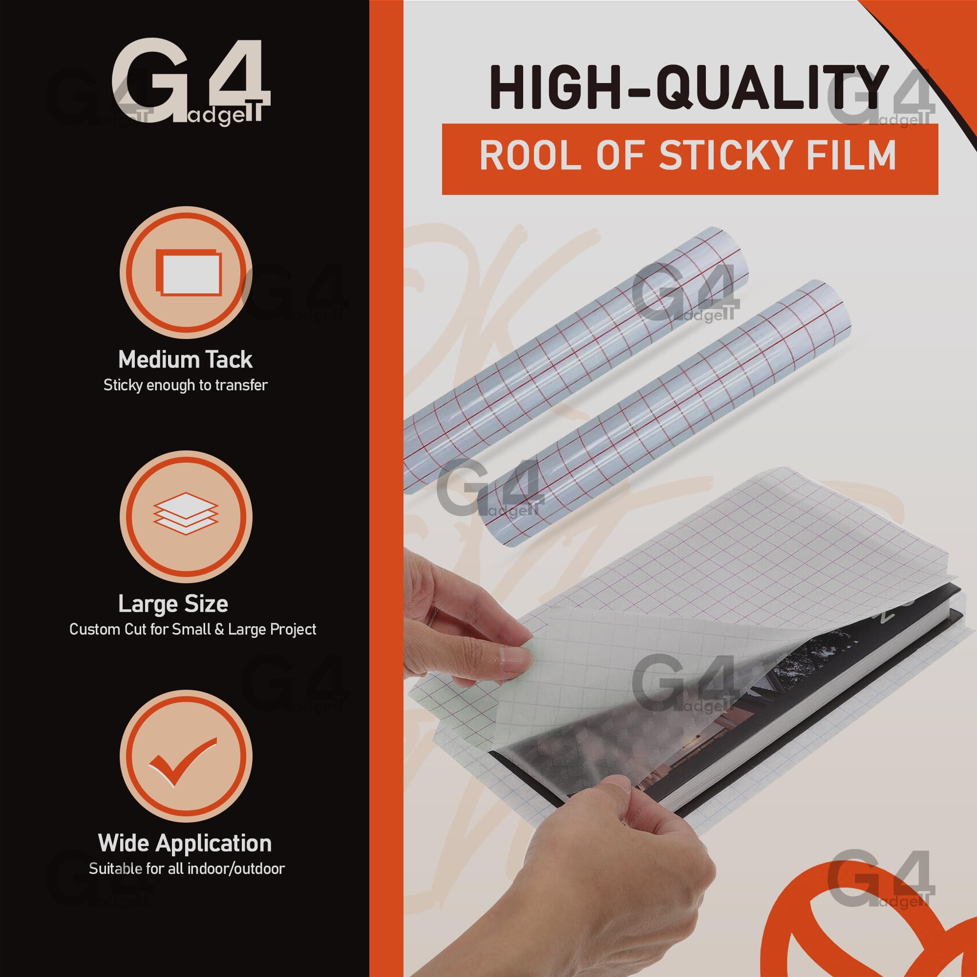 G4GADGET Clear Self-Adhesive Plastic Book Cover Film - 33 cm x 1 Meter | Repositionable | Grid-Lined Backing 4
