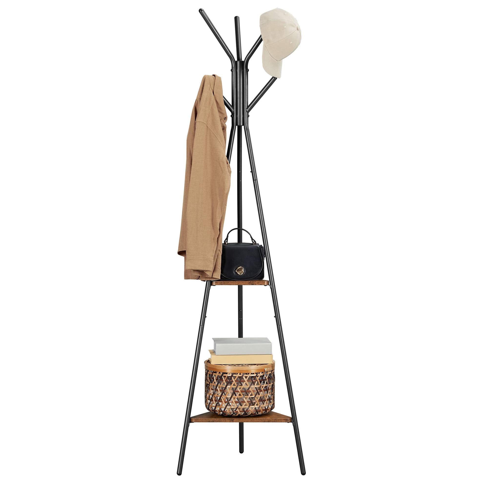 VASAGLE Industrial Style Coat Rack with 6 Hooks and 2 Rustic Shelves | Rustic Brown/Black