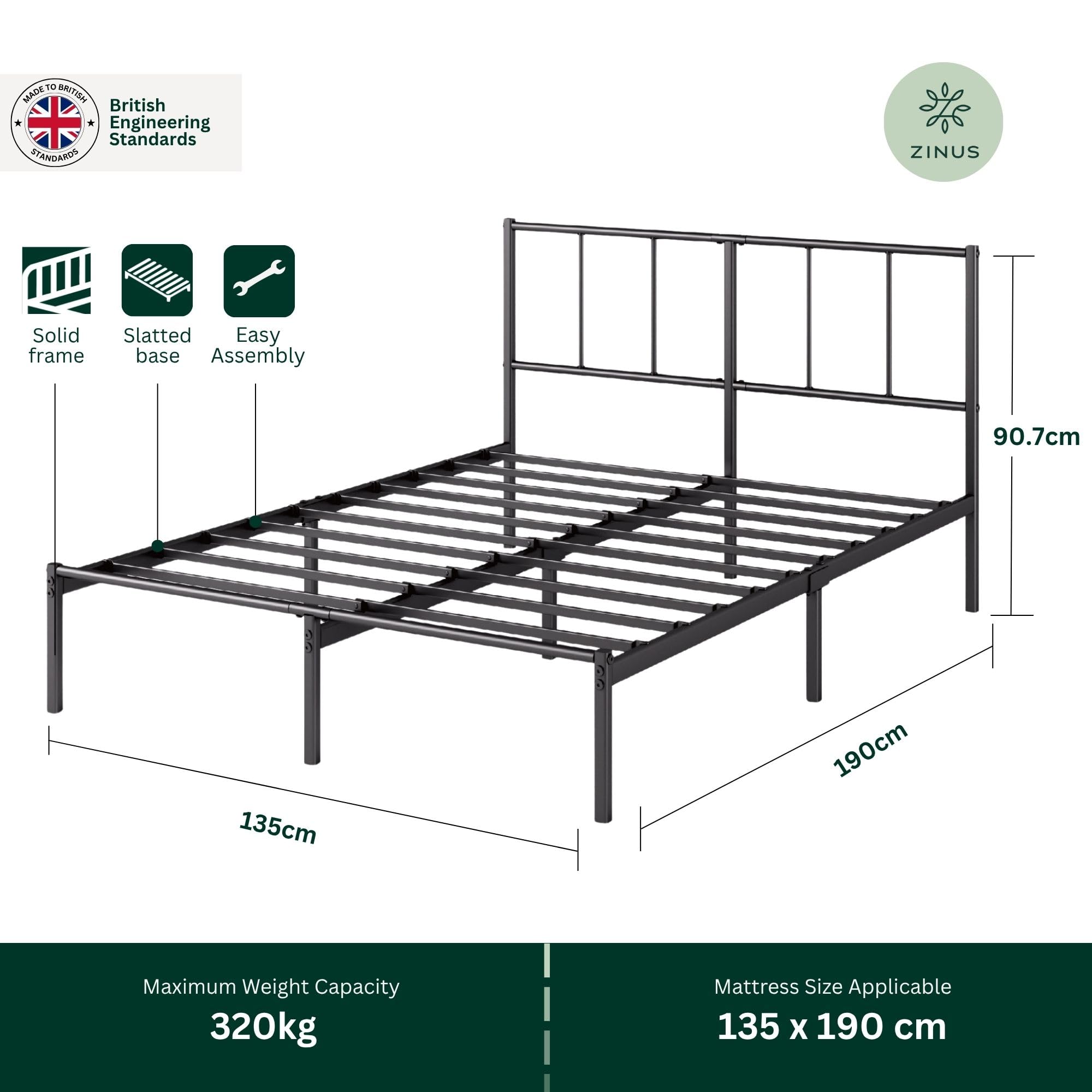 Zinus Justin Double Bed Frame with Headboard - Black Metal | 135 x 190 cm | 14'' Storage Clearance 2