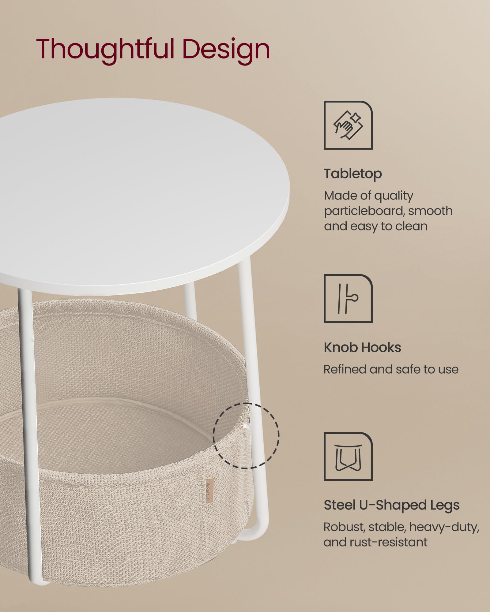 VASAGLE Round End Table - 45 cm Dia. Side Table with Beige Fabric Basket | Matte White Steel Frame 5