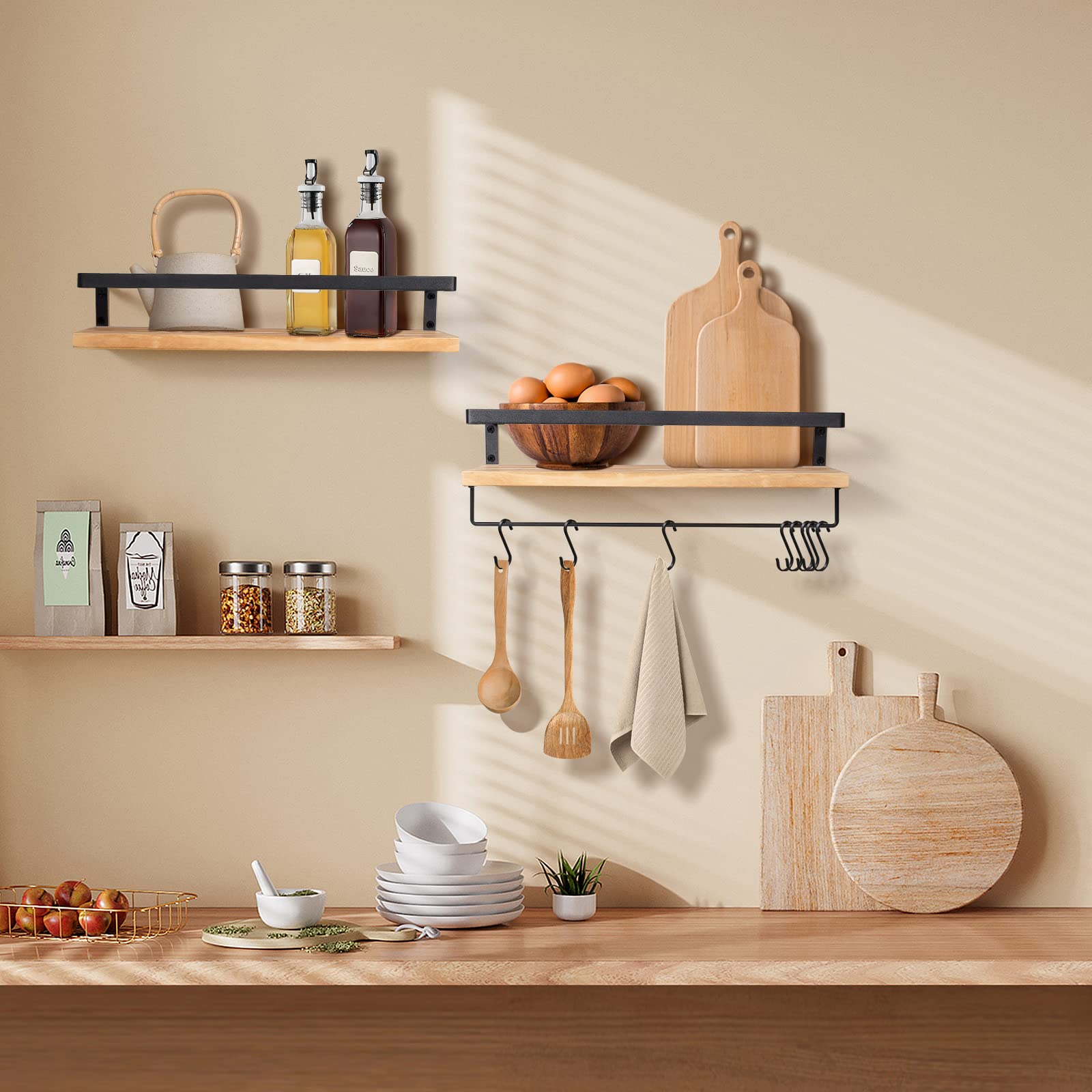 AGM Floating Shelves Wall Mounted Set of 2 Wooden Shelves for Kitchen/Bathroom Storage with Towel Bar & 8 S Hooks | Max Load 33lbs 6