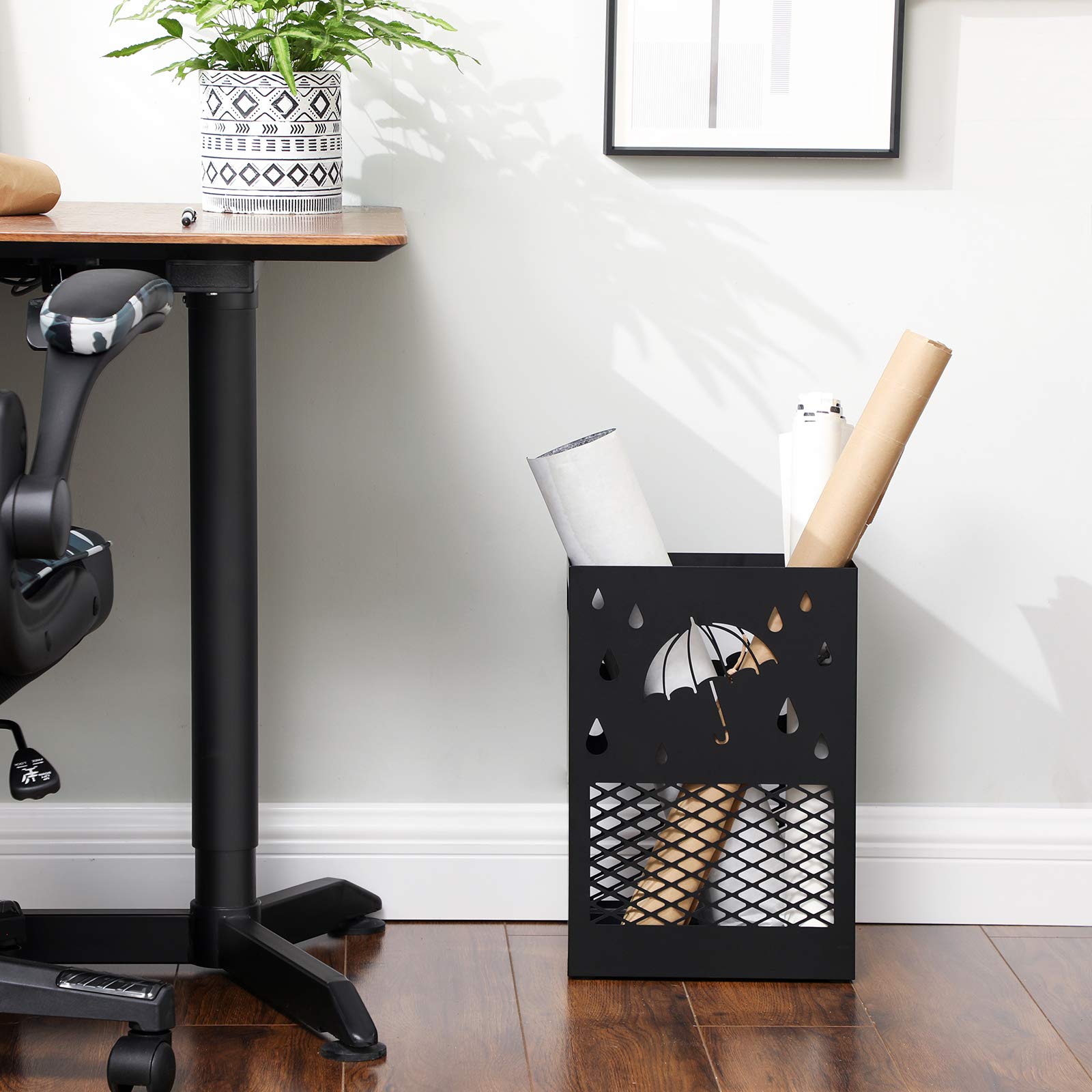 SONGMICS Metal Umbrella Stand - Rectangular Holder with 4 Hooks & Removable Drip Tray | Black 4