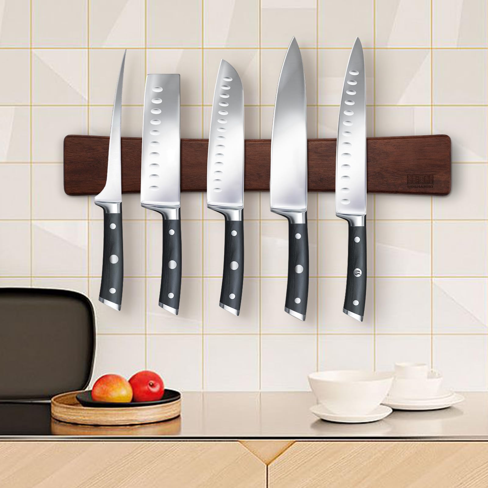 HOSHANHO Acacia Wood Magnetic Knife Strip Holder - 40 cm Length | Wall Mounted | Dual Installation 5