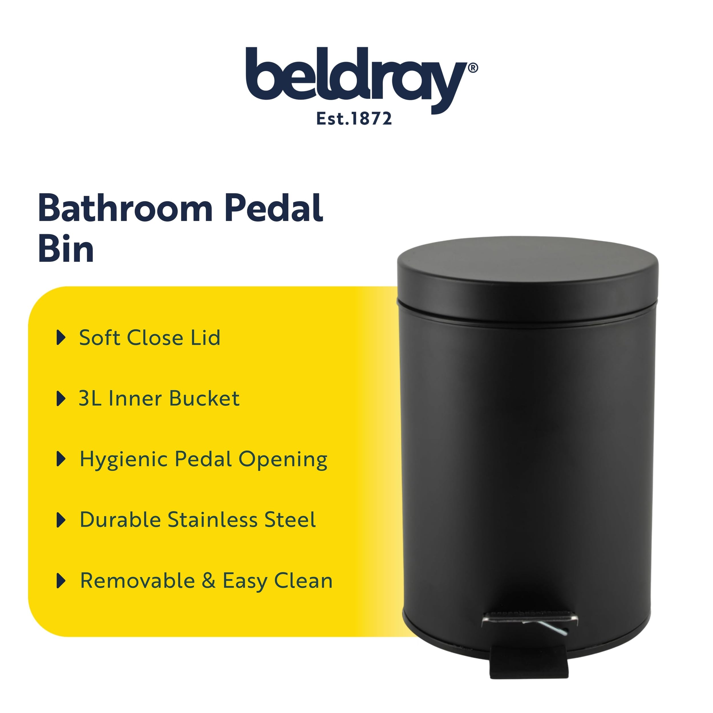 Beldray Stainless Steel Bathroom Pedal Bin - 3L Capacity, Soft Close Lid, Removable Inner Bucket, Black 2