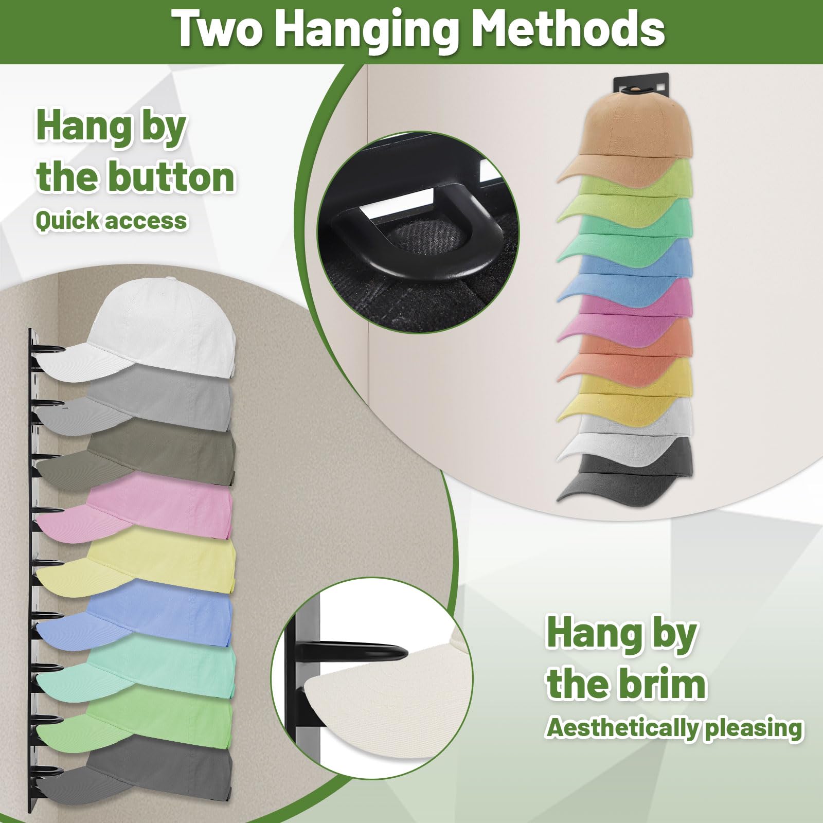 MOXYOY 2 Pack Hat Organizer for Baseball Caps - Wall Mounted, Space Saving, Black Plastic 2