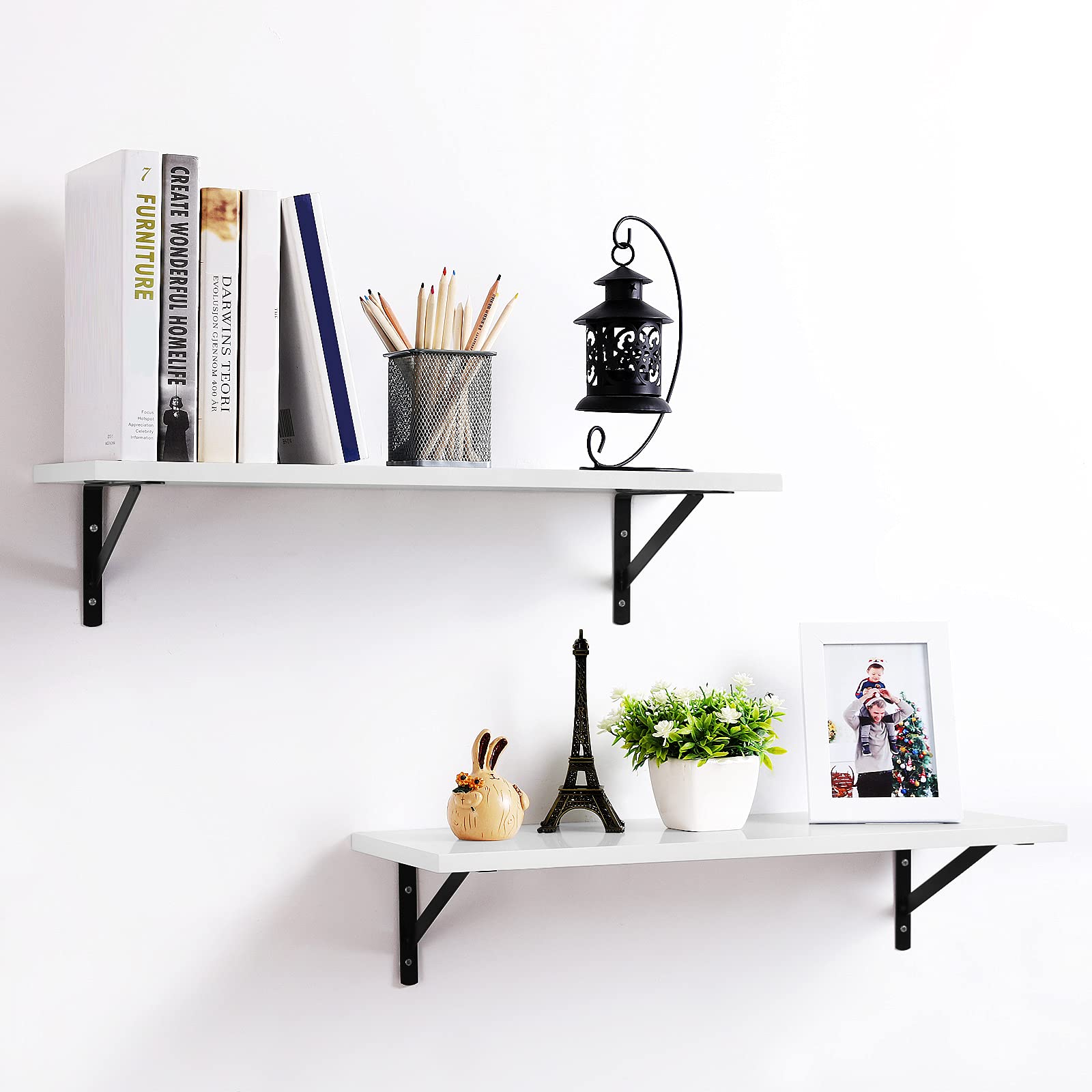 SONGMICS Set of 2 Floating Wall Shelves - White Engineered Wood | 60 x 21 cm | Max Load 15kg Each 4
