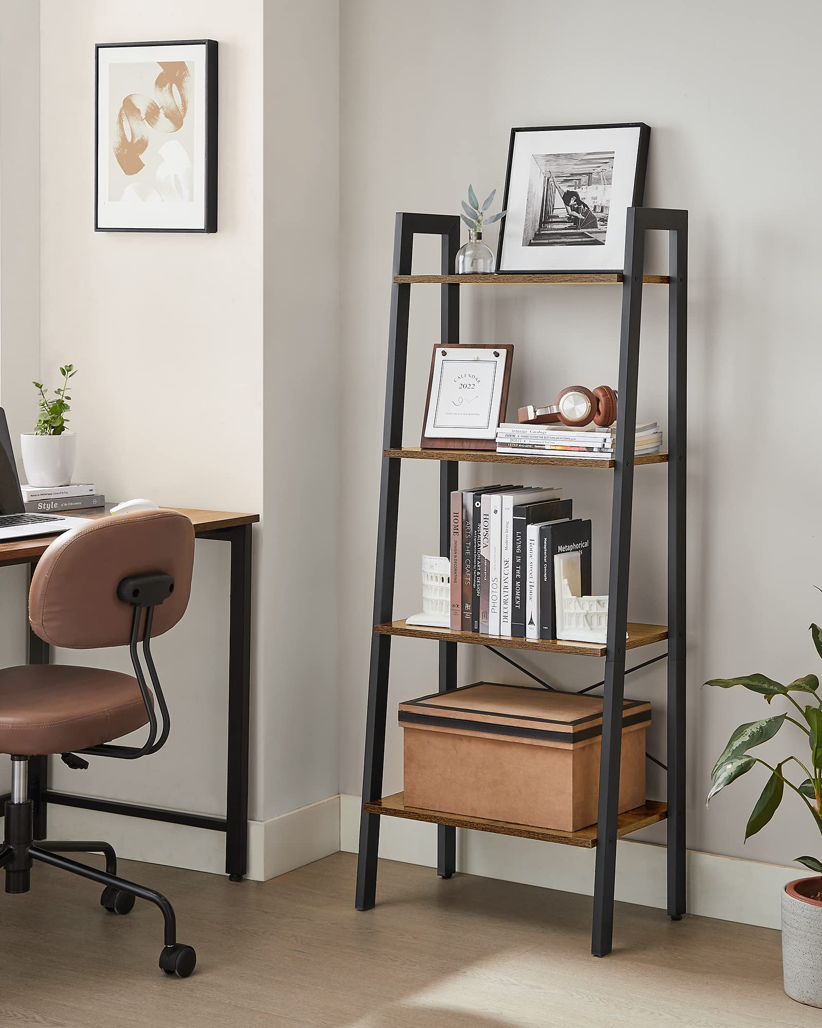VASAGLE Ladder Shelf - 4-Tier Industrial Storage Rack | Rustic Brown & Black | 56 cm Wide 2