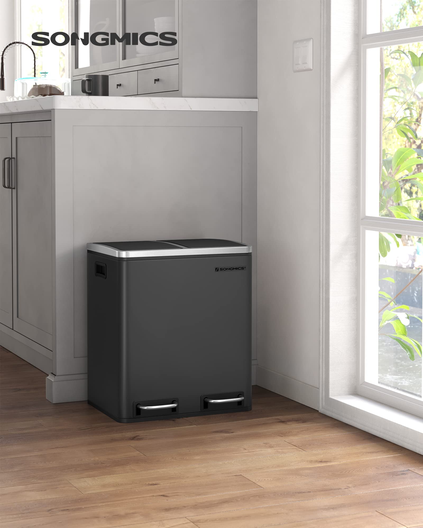 SONGMICS Dual Rubbish Bin - 2 Compartment Recycling Bin with Pedals | 2 x 15 L | Black 2