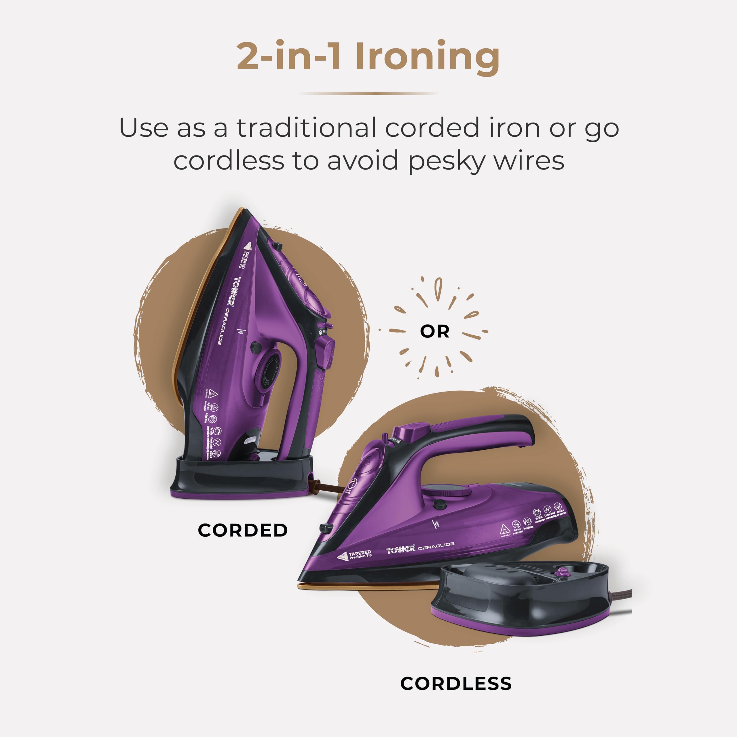 Tower T22008 CeraGlide Cordless Steam Iron - 2400W Power | Ceramic Soleplate | Cordless/Corded Use 3