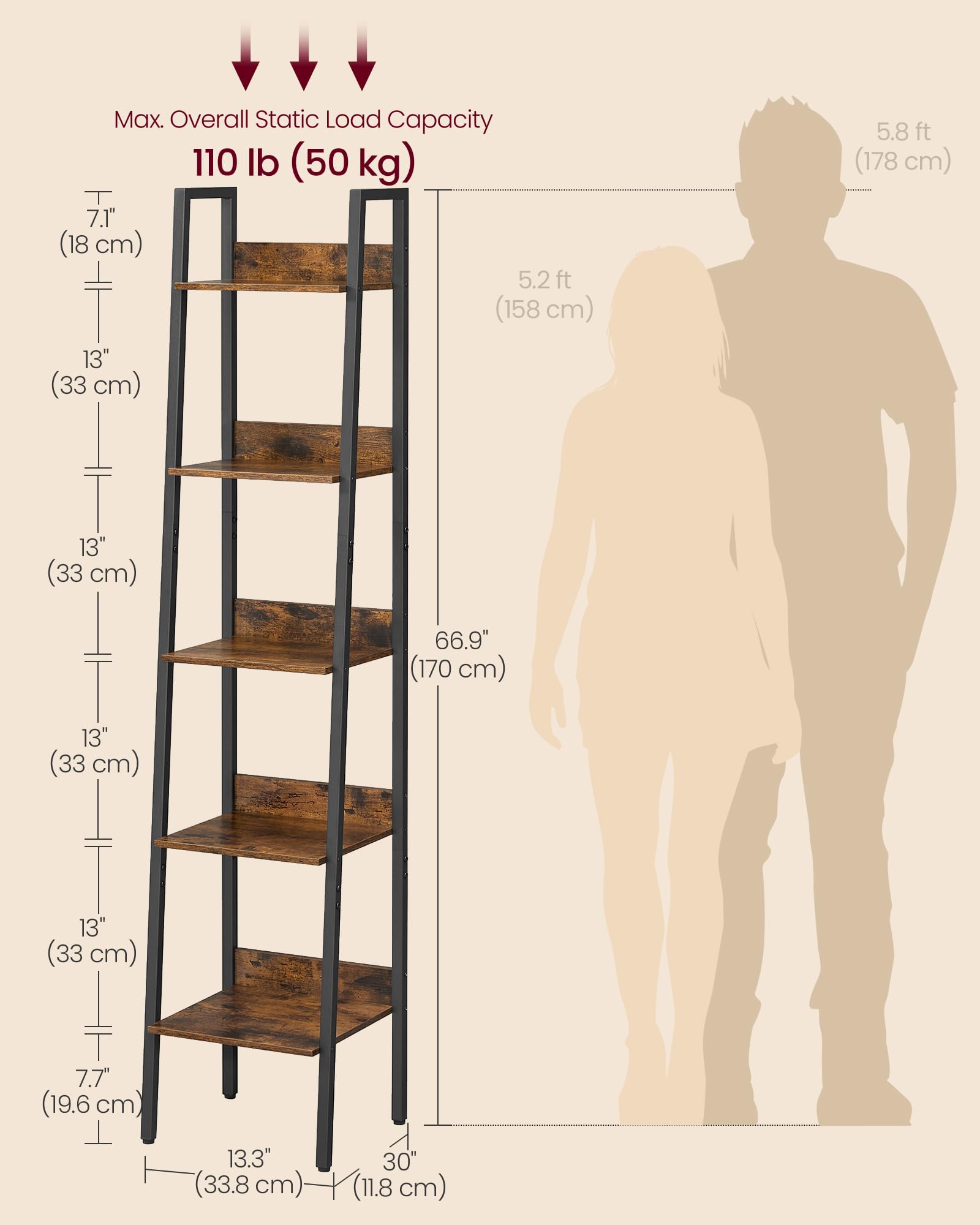 VASAGLE 5-Tier Ladder Bookcase Storage Stand | Rustic Brown & Black | Industrial Style | 50kg Capacity 7