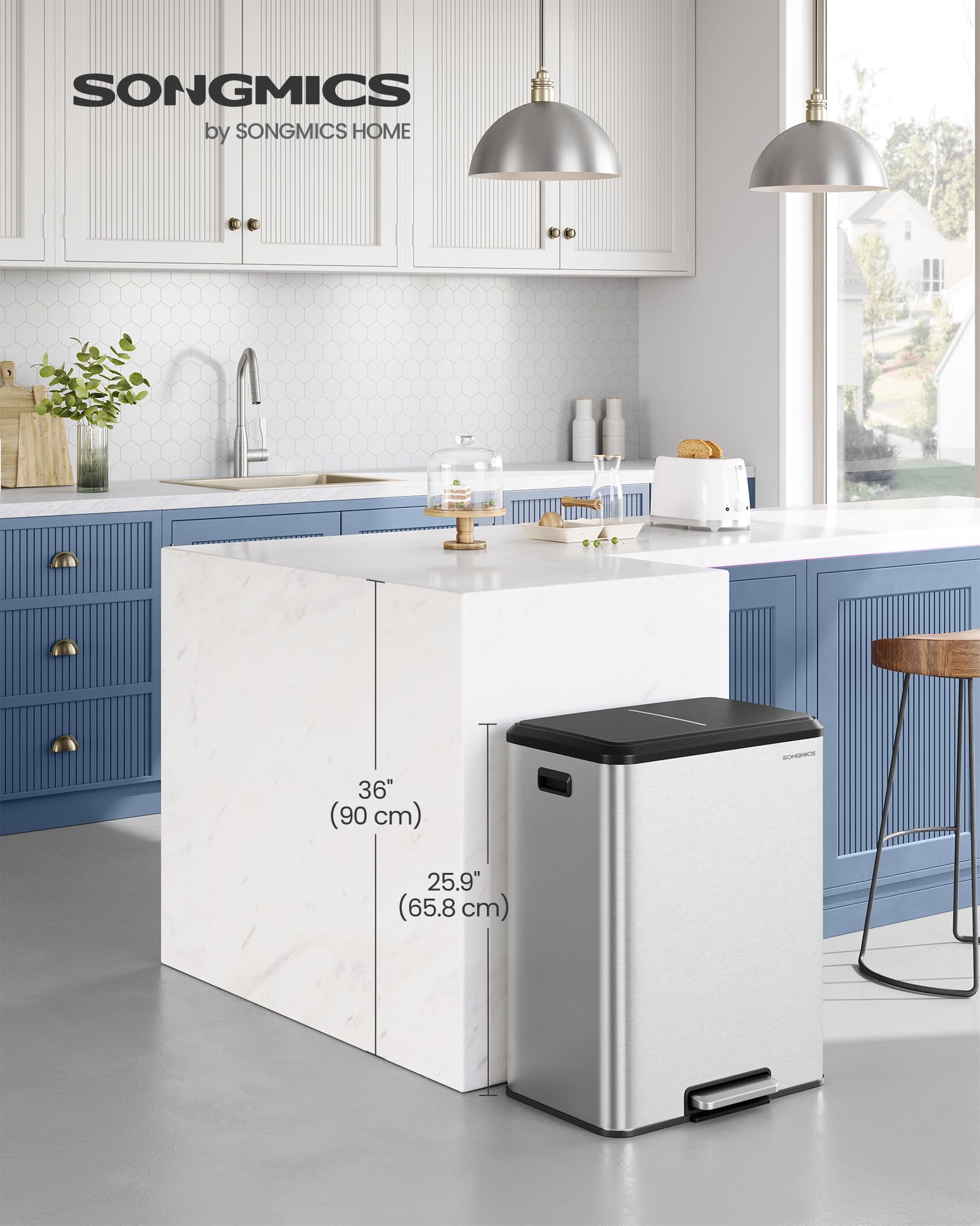 SONGMICS Kitchen Bin - Double Compartment Recycling System | 2 x 30 L Capacity | Stainless Steel 2