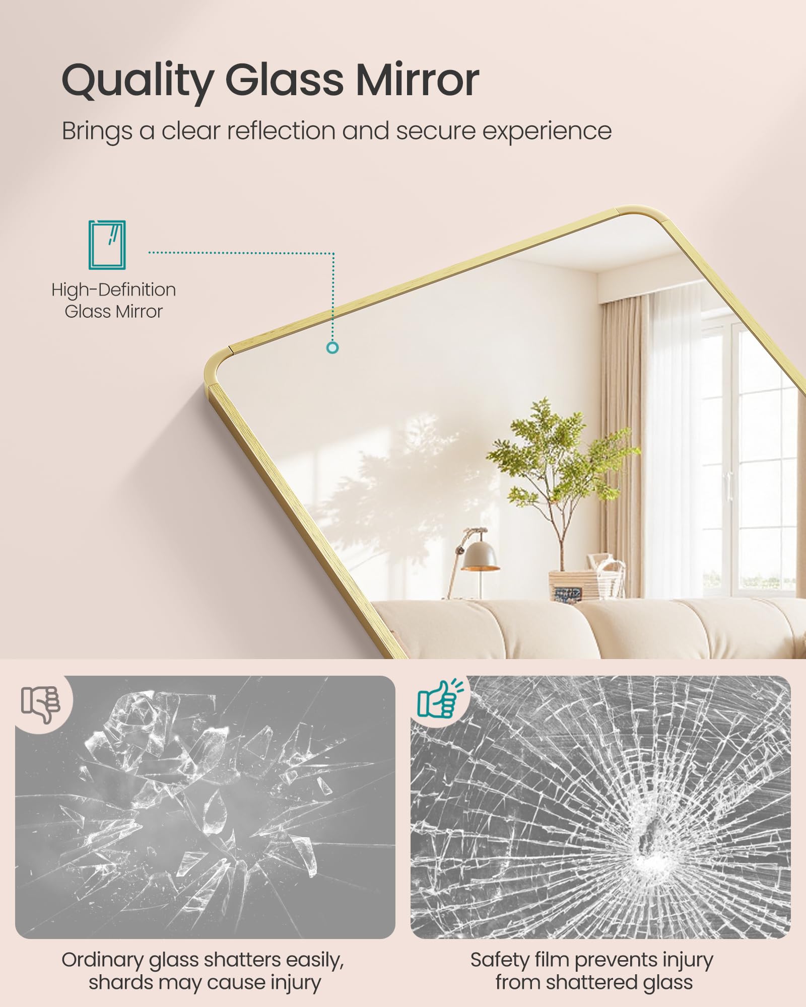 SONGMICS Full Length Wall-Mounted Mirror - 120 x 40 cm Rectangular | Pale Gold | Tempered Glass 4