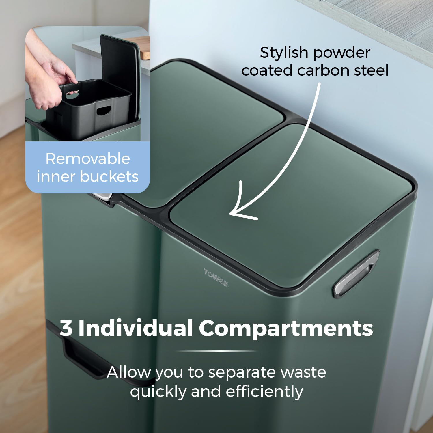 Tower Recycling Pedal Bin - 60L Capacity | 3 Compartments | Carbon Steel | Forest Green 5
