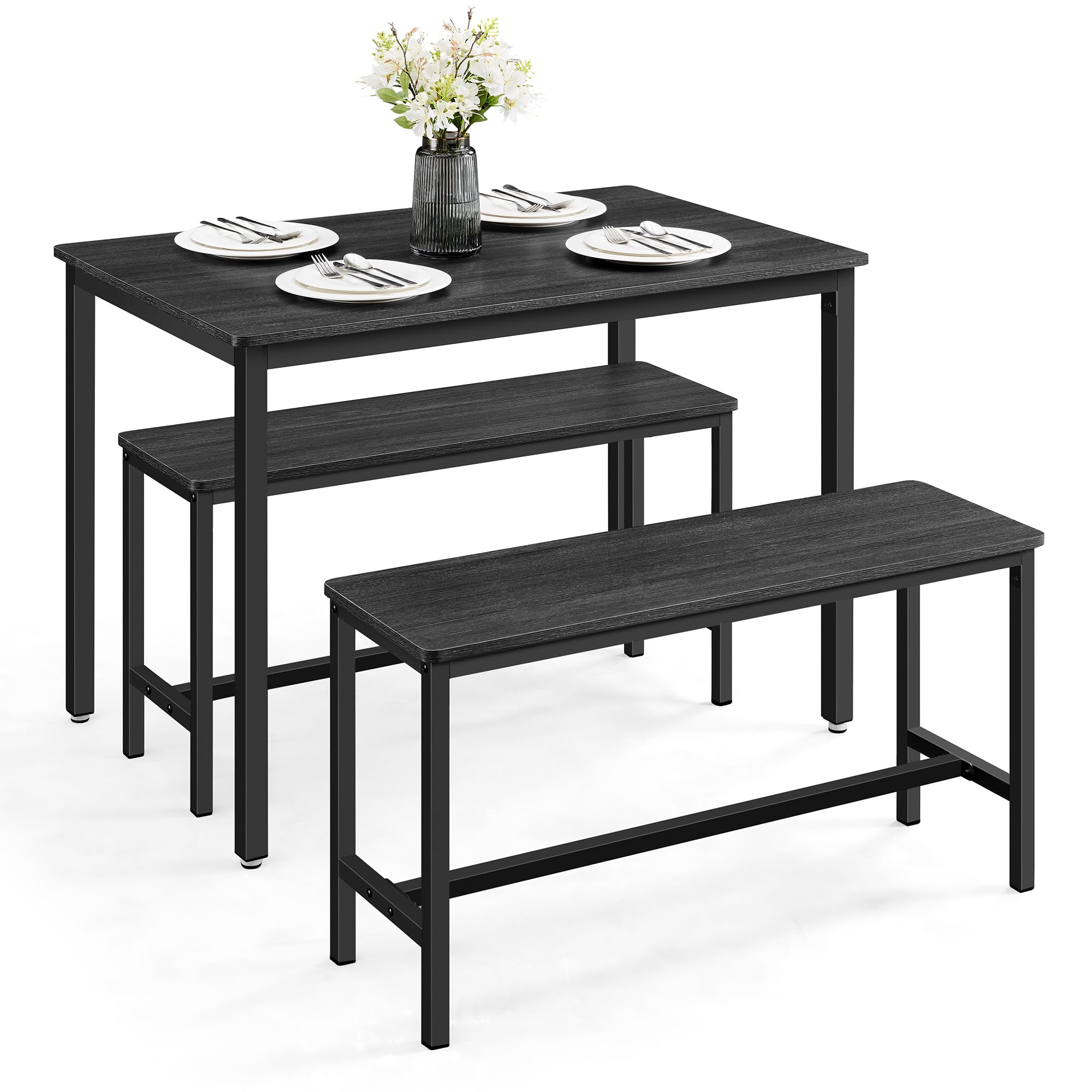 VASAGLE 3 Piece Dining Table Set with 2 Benches | Industrial Design | Seats 4 | Charcoal Grey & Ink Black