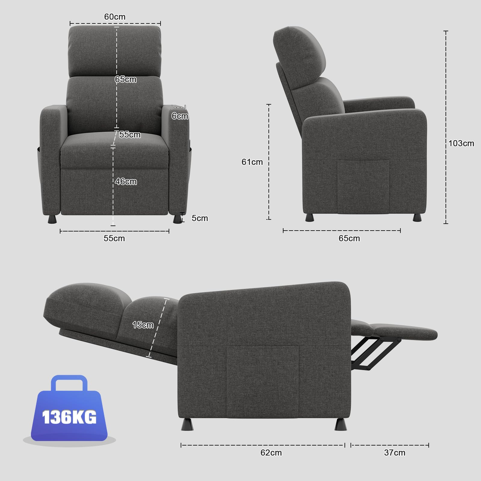 JUMMICO Electric Recliner Armchair - Grey Fabric, Stepless Adjustment up to 155°