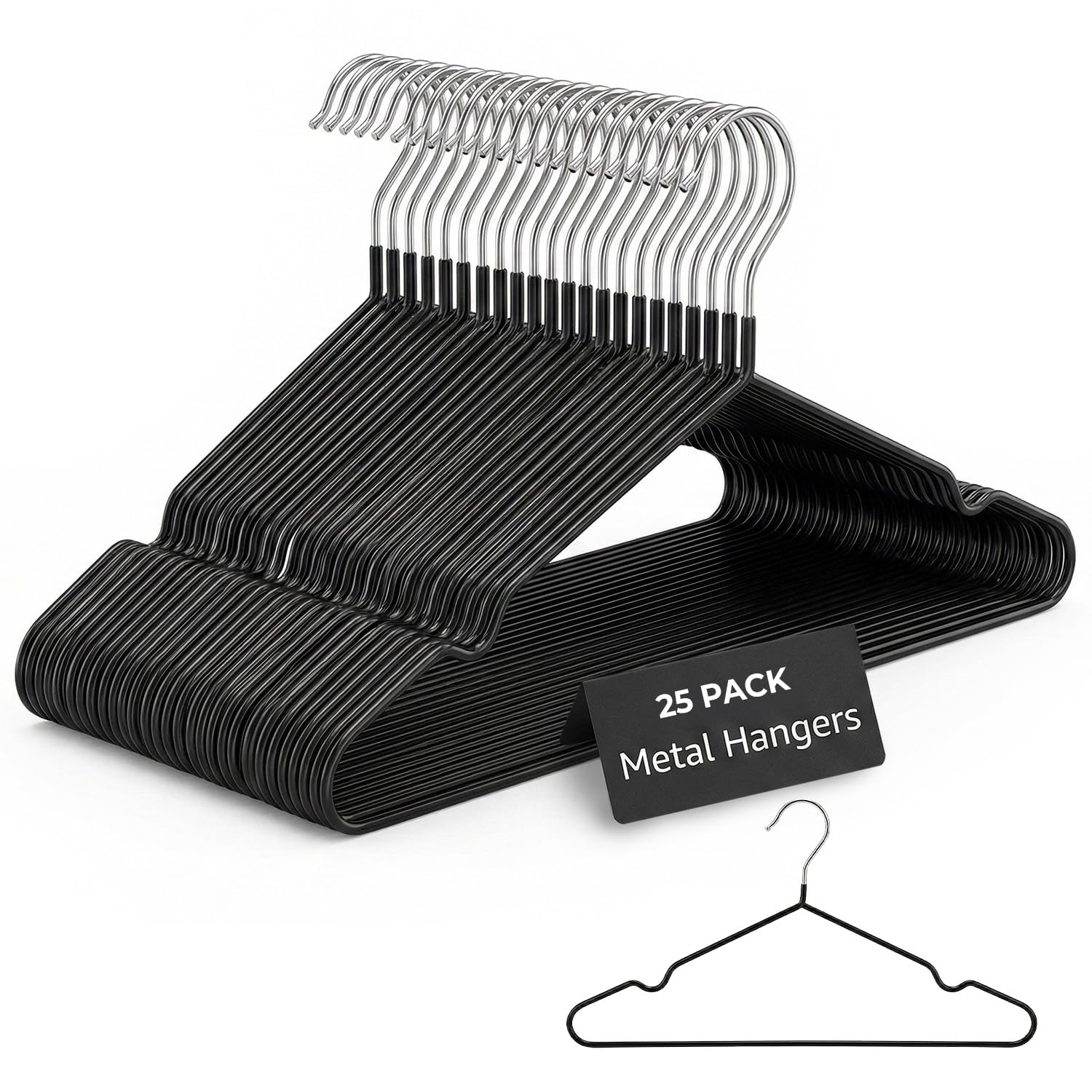 Rainberg 25 Pack Rubber Coated Metal Hangers - Heavy Duty, Space Saving, Anti-Slip | Black