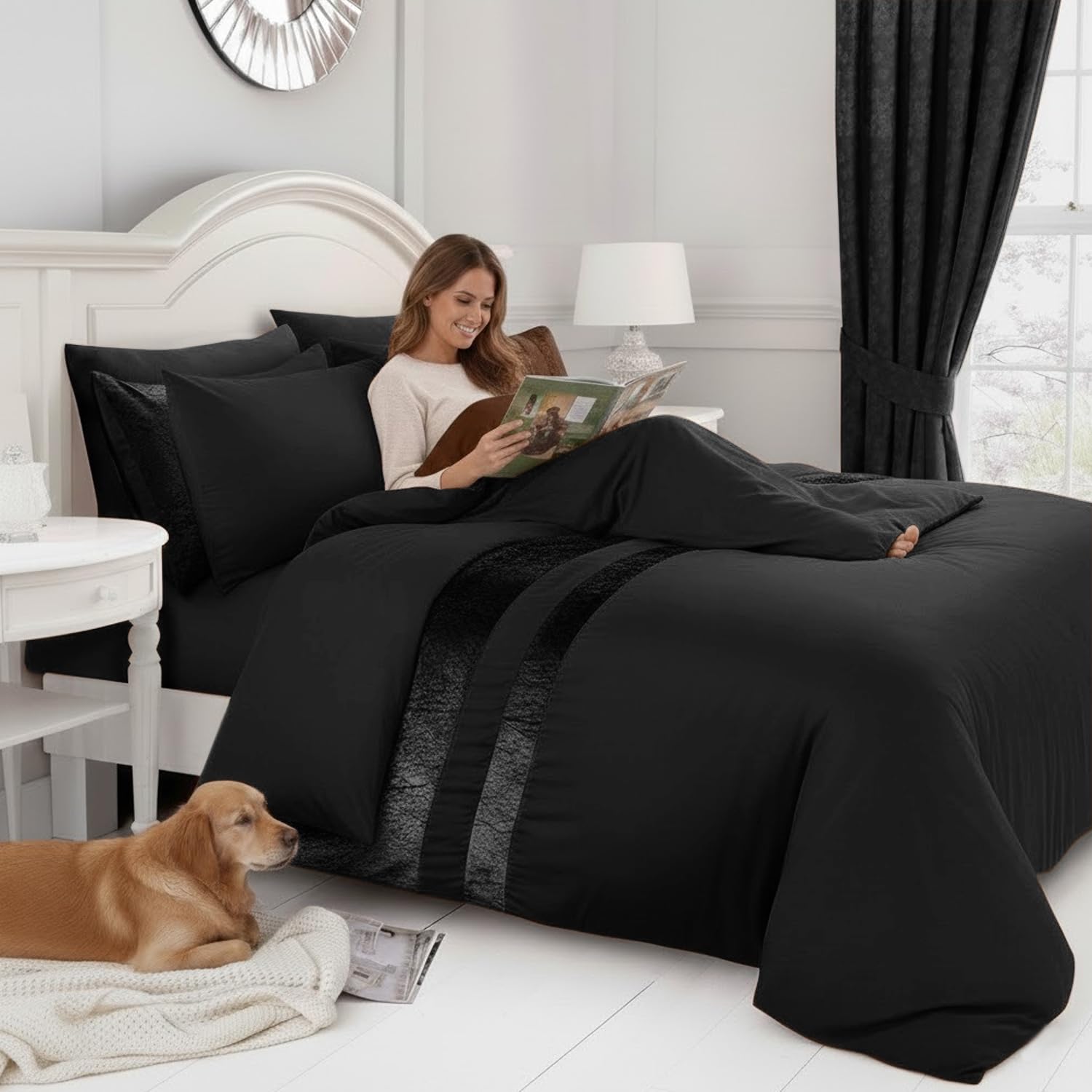 Casabella Luxury Crushed Velvet Panel Band Duvet Cover Set - King Size, Black | 3 Pieces 2