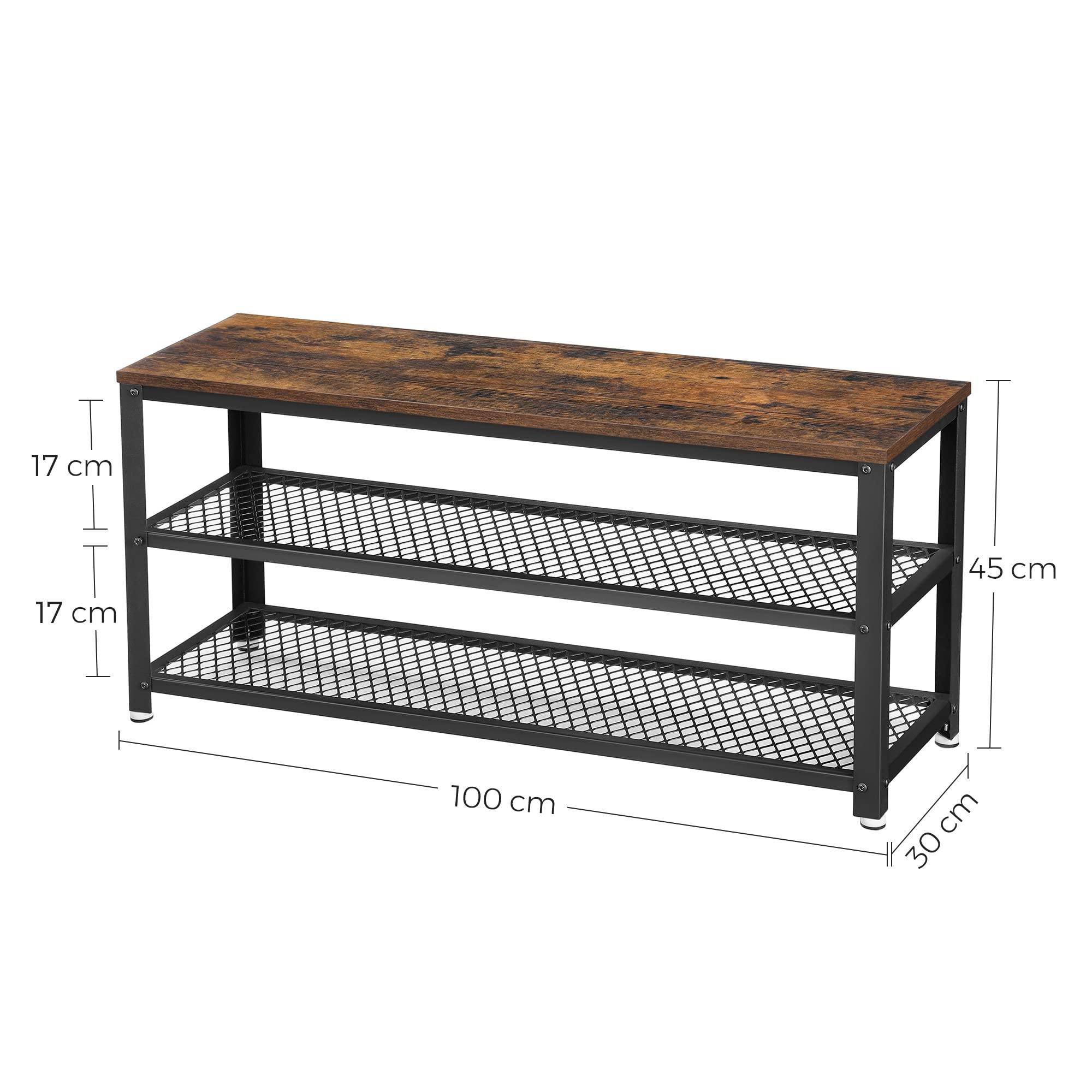 VASAGLE Shoe Storage Bench with 2 Shelves - 100 cm Wide, Industrial Style | Rustic Brown & Black 3