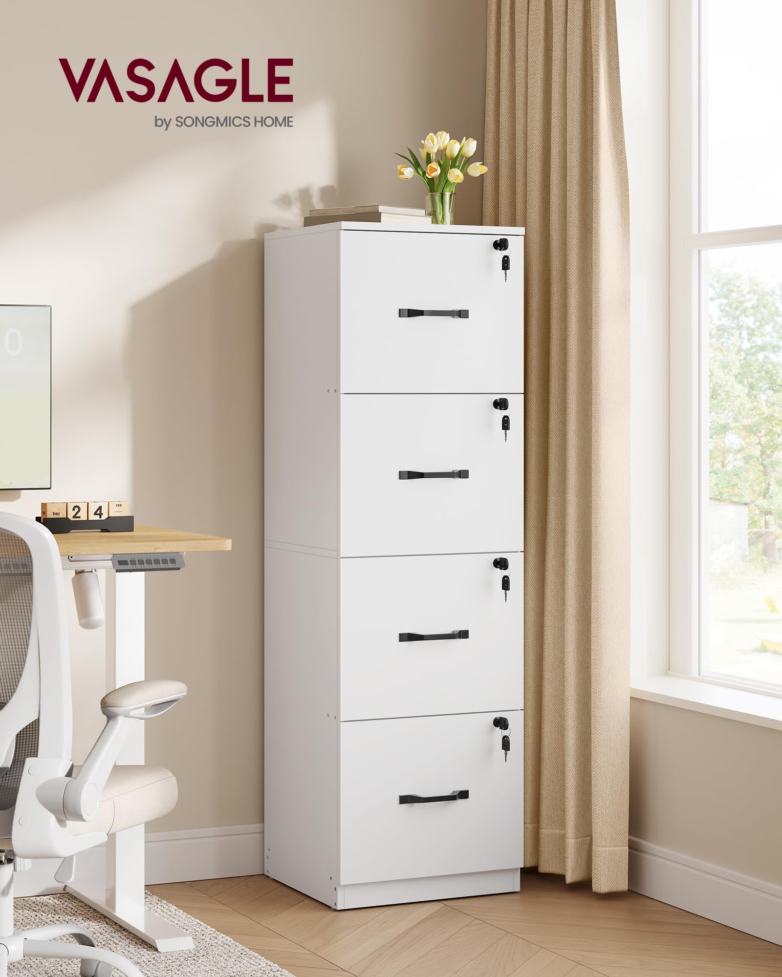 VASAGLE Vertical File Cabinet - 4 Lockable Drawers | A4 & Letter Size | Cloud White