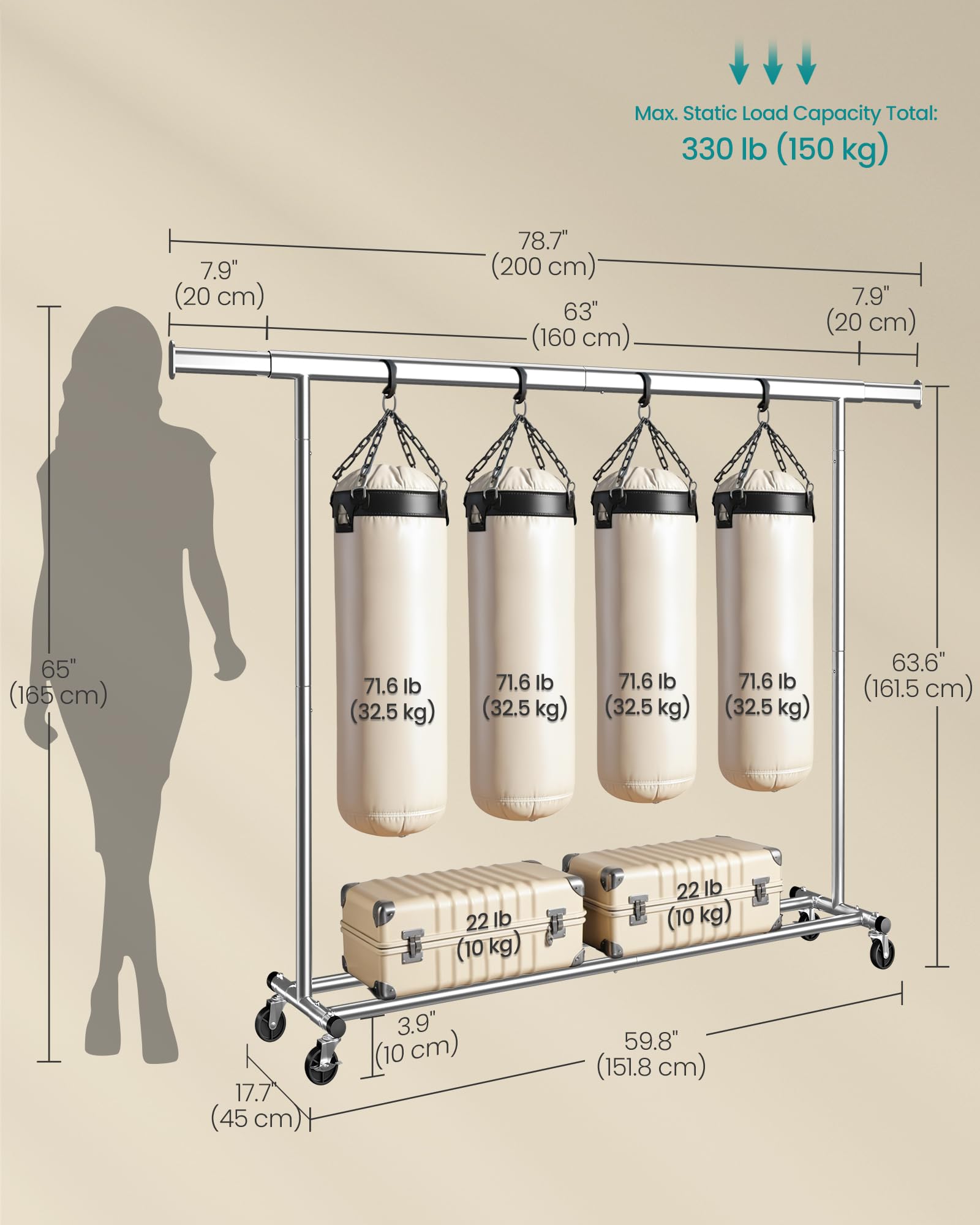 SONGMICS Heavy Duty Clothes Rack on Wheels | 150 kg Capacity | Extendable 160-200 cm Rail | Silver 7