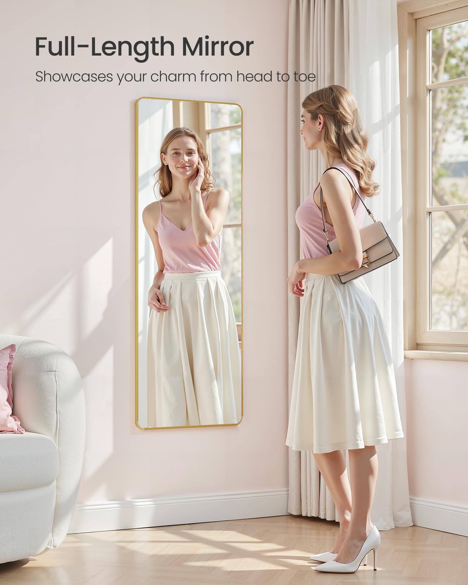 SONGMICS Full Length Wall-Mounted Mirror - 120 x 40 cm Rectangular | Pale Gold | Tempered Glass 3