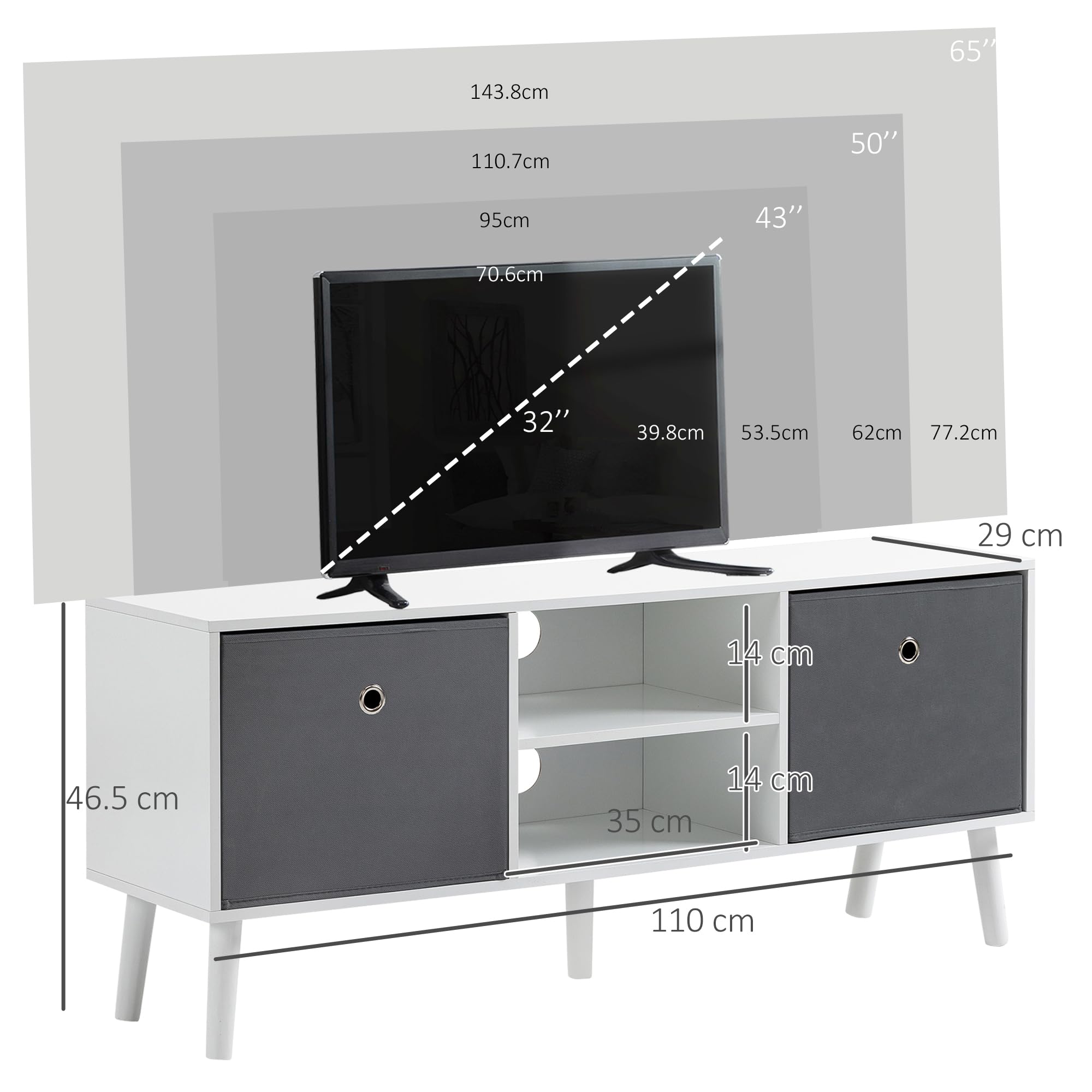 HOMCOM TV Stand Unit for TVs up to 50' | White & Grey Engineered Wood | 2 Drawers, 2 Shelves 7