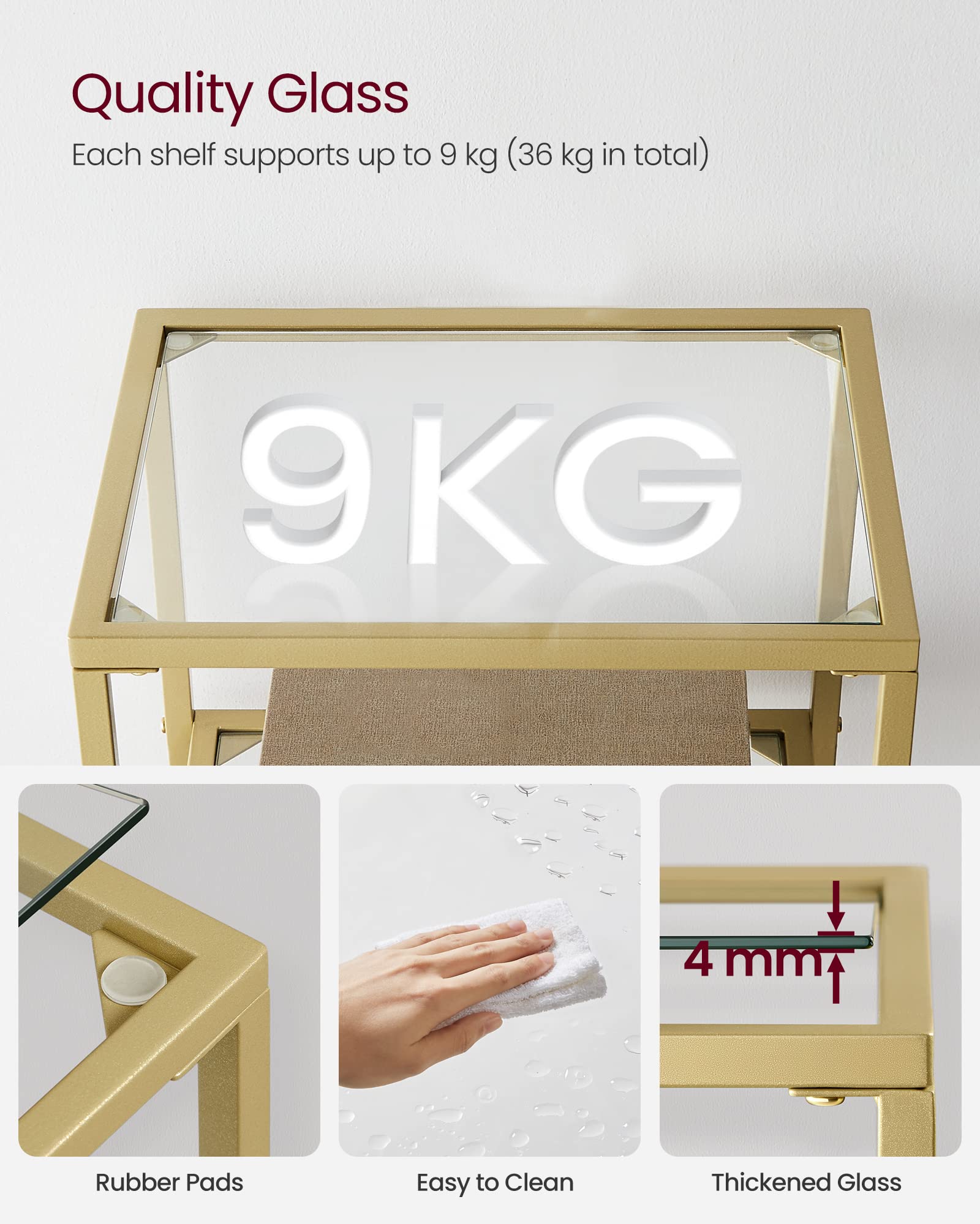 VASAGLE 4-Tier Glass Shelf Unit - Tempered Glass & Metal Frame | 10kg Capacity | Metallic Gold LGT28G 8
