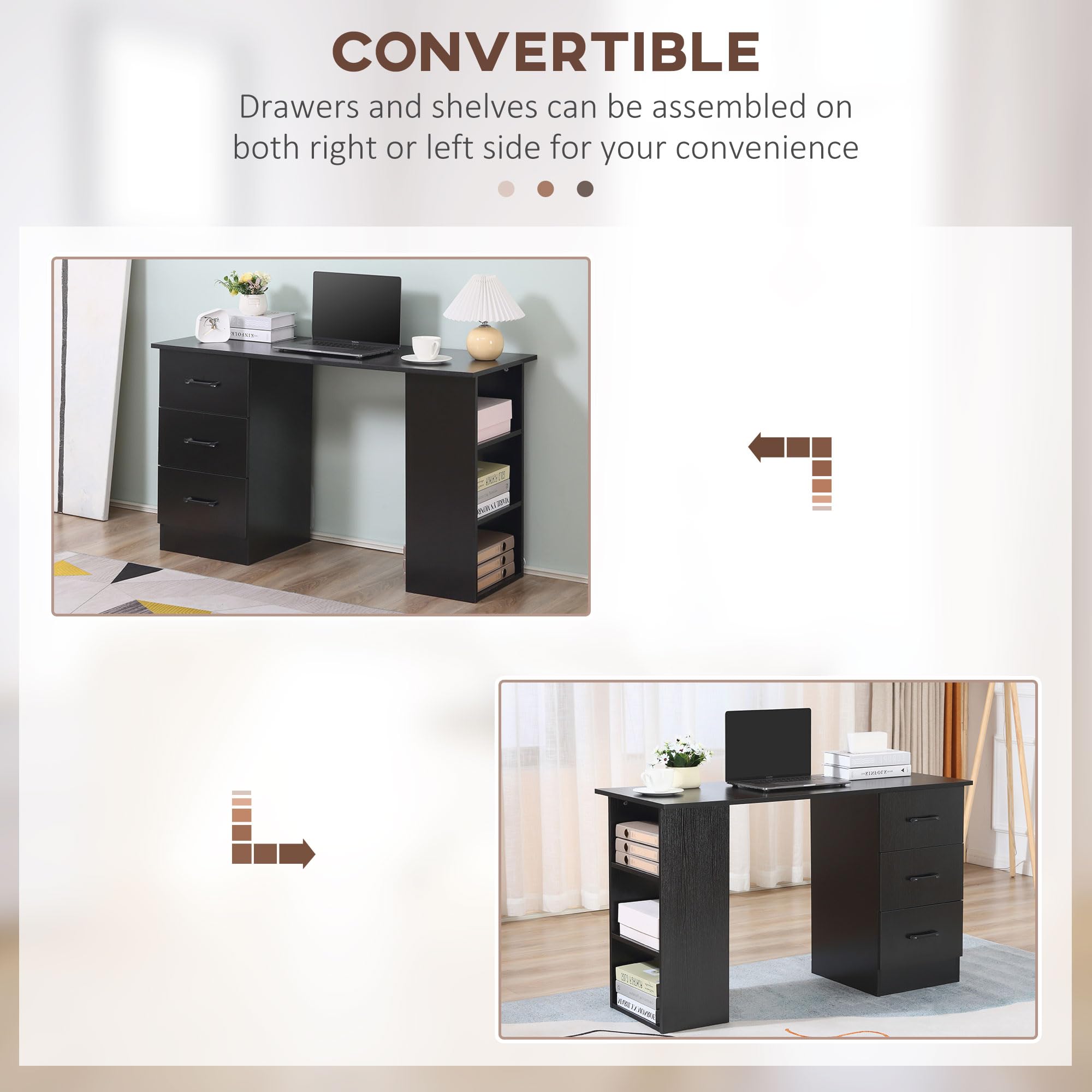 HOMCOM Computer Desk with Drawers and Shelves - Reversible Layout | 120 x 49 cm | Black 6