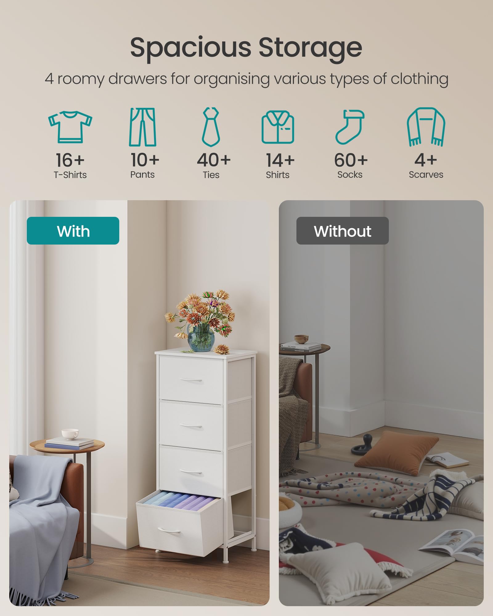 SONGMICS Chest of Drawers - 4 Fabric Drawers Storage Unit | Steel Frame | Cloud White + Snow White 4