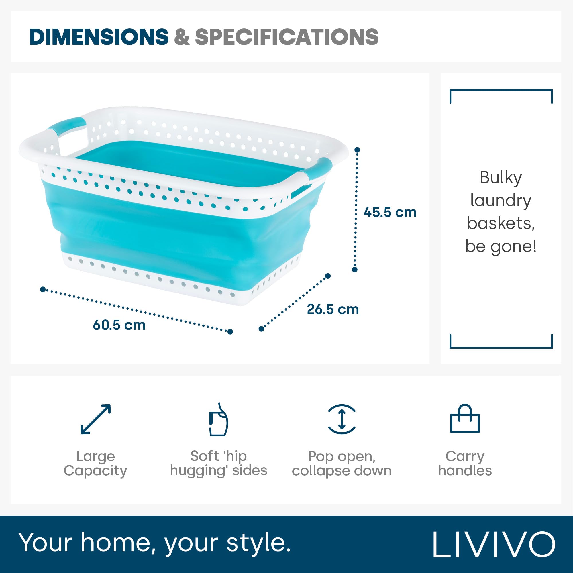 LIVIVO Collapsible Laundry Basket 58L - Foldable with Carry Handles | Turquoise 8