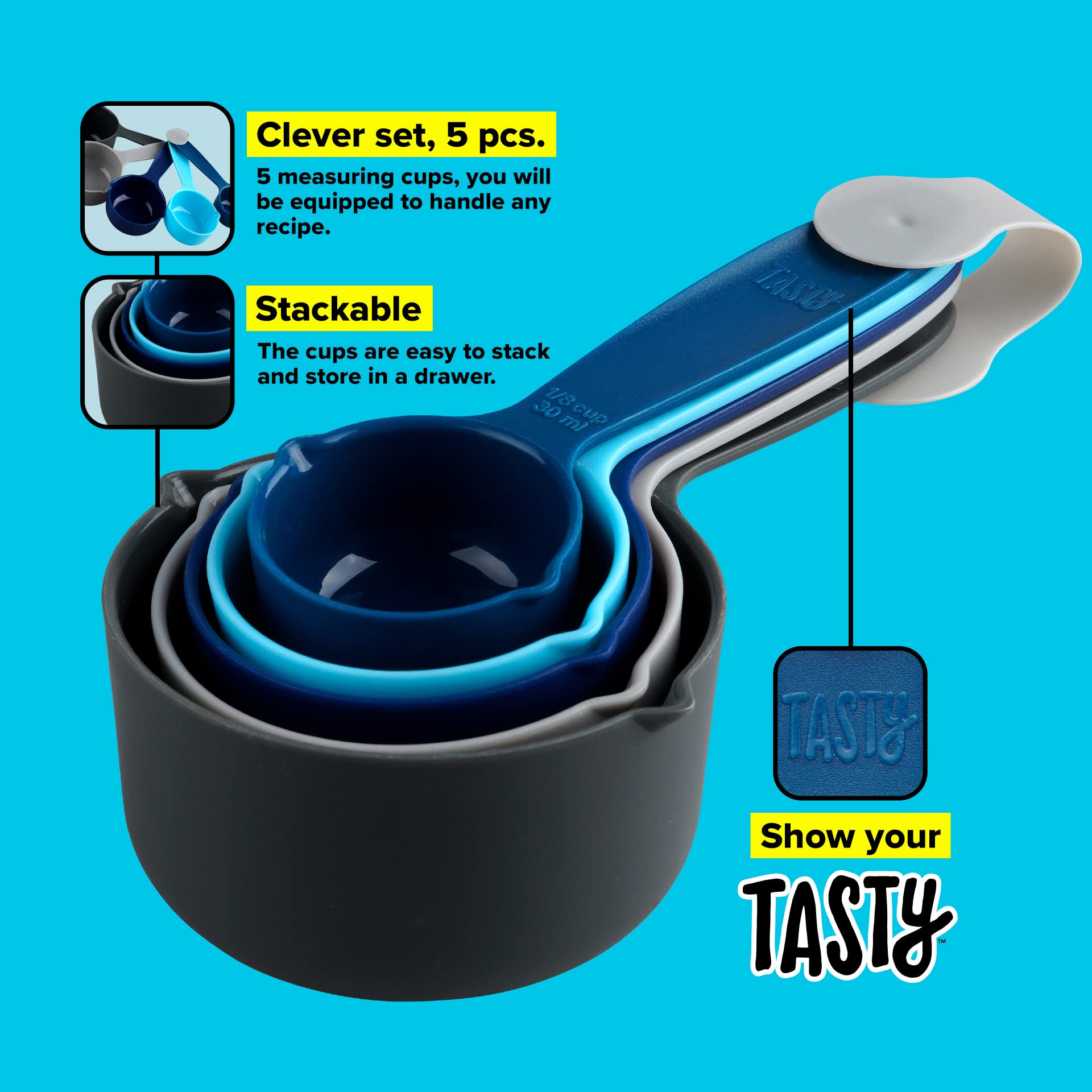 Tasty 5-Piece Plastic Measuring Cups Set - Stackable, Dishwasher-Safe | Blue Grey 3