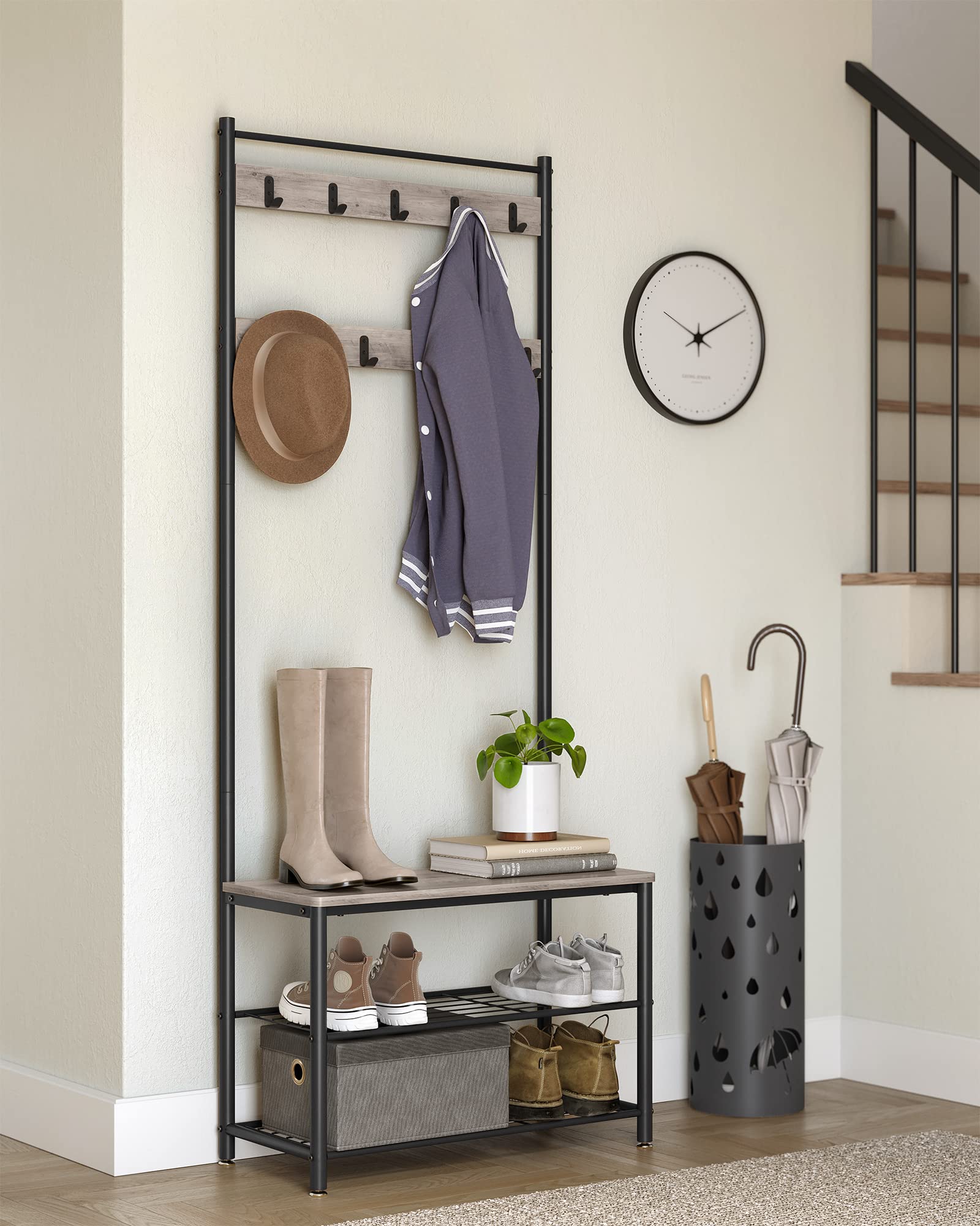 VASAGLE 3-in-1 Coat Stand with Shoe Rack and Bench | Grey + Black | 175cm Height 9