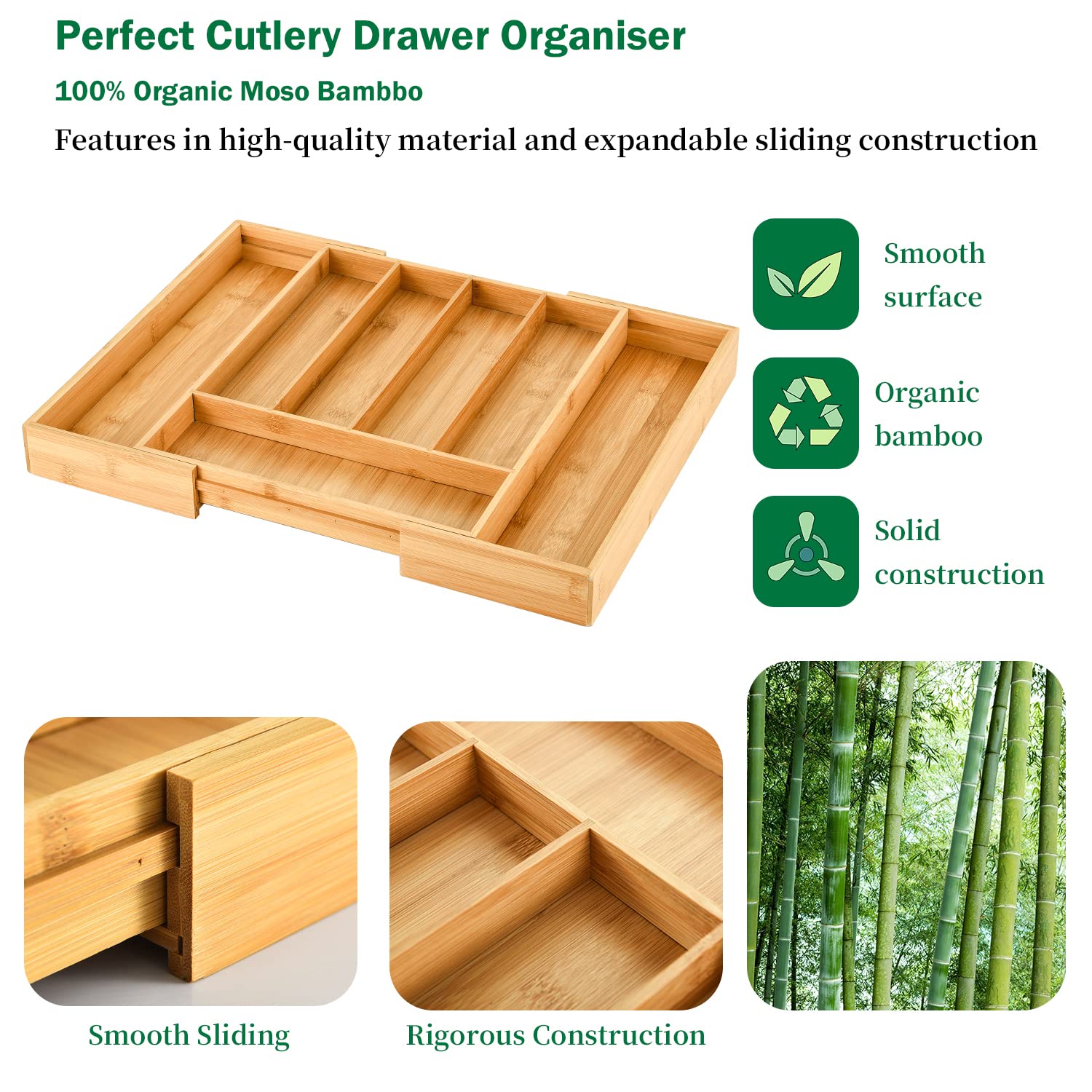 MASS DYNAMIC Expandable Bamboo Cutlery Drawer Organizer | Adjustable 5-7 Compartments | Waterproof 5