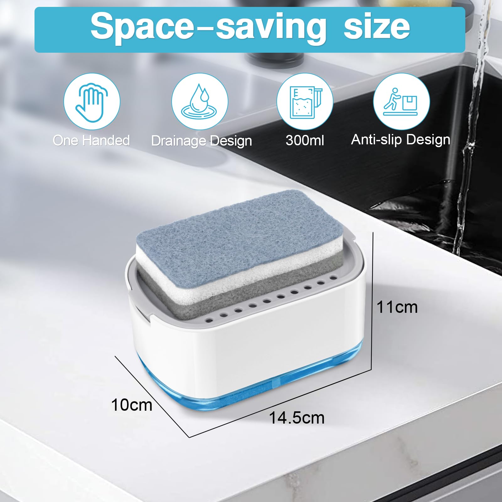 Alyvisun 2-in-1 Soap Dispenser with Sponge Holder for Kitchen Sink | 300ml Capacity | Grey Plastic 3