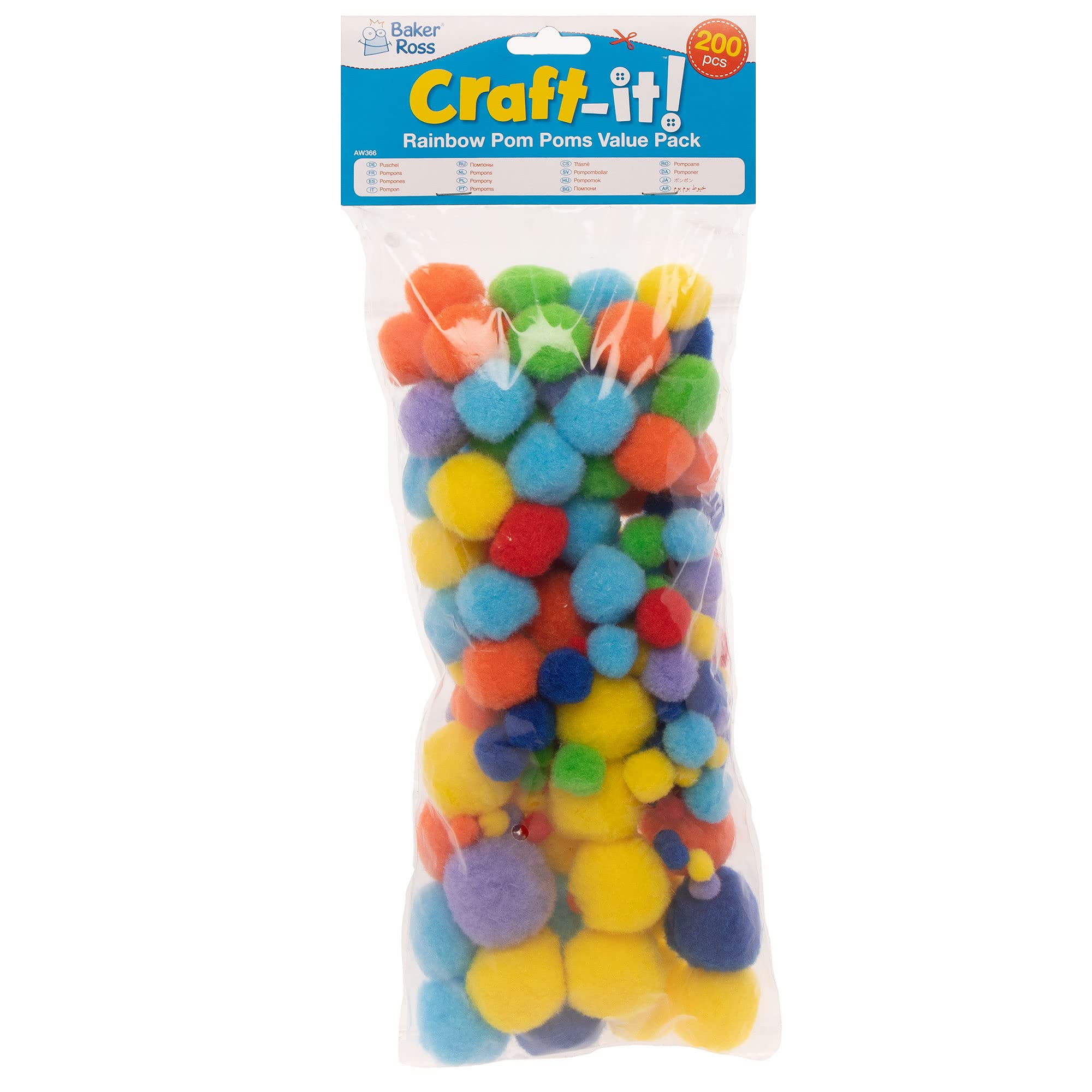 Baker Ross Rainbow Colours Pom Poms Value Pack - 200 Pieces | 3 Assorted Sizes | 7 Colours 6