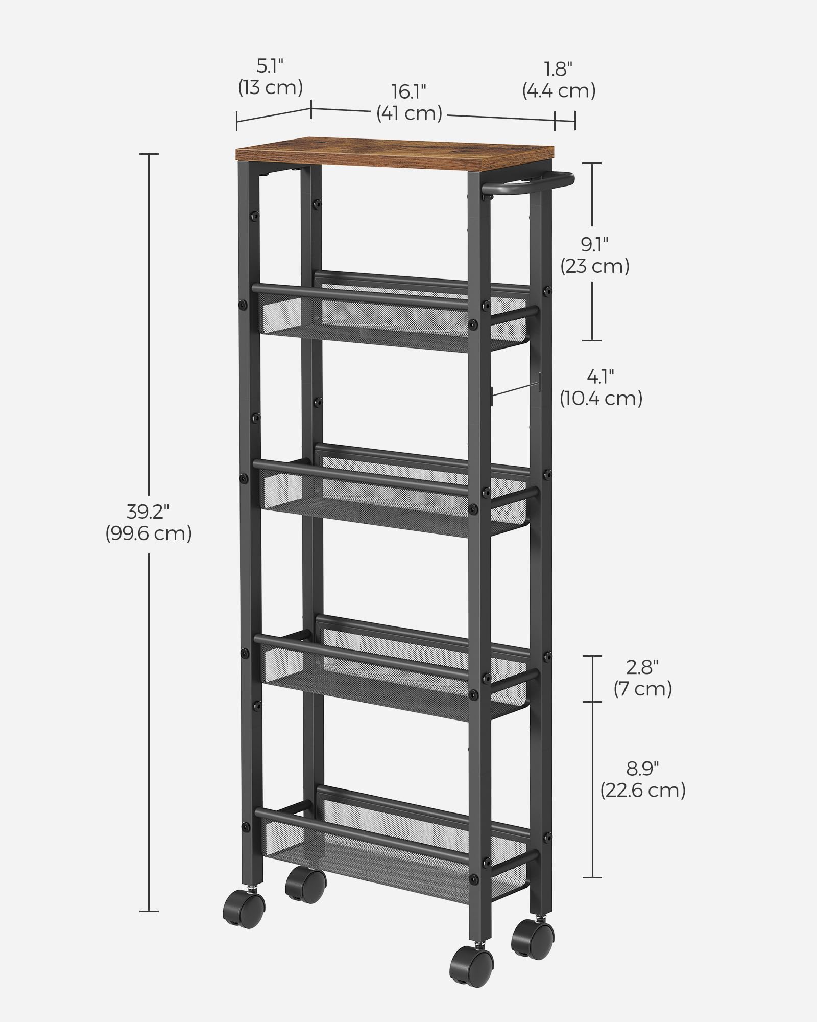 VASAGLE 5-Tier Kitchen Storage Cart with Castors | Slim 13cm Deep | Rustic Brown + Black 6