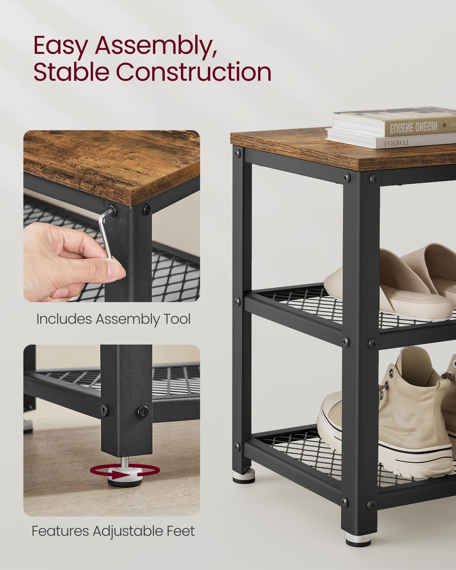 VASAGLE Shoe Storage Bench with 2 Shelves | Industrial Style | 73 cm Wide | Rustic Brown & Black 6