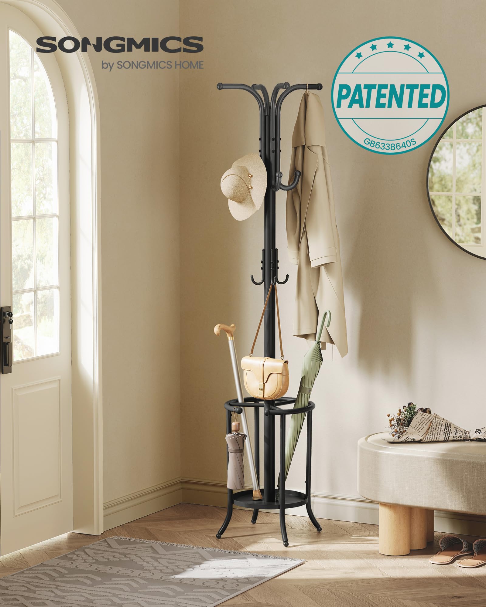 SONGMICS Freestanding Coat Rack with Umbrella Holder | 12 Hooks | Metal | Black