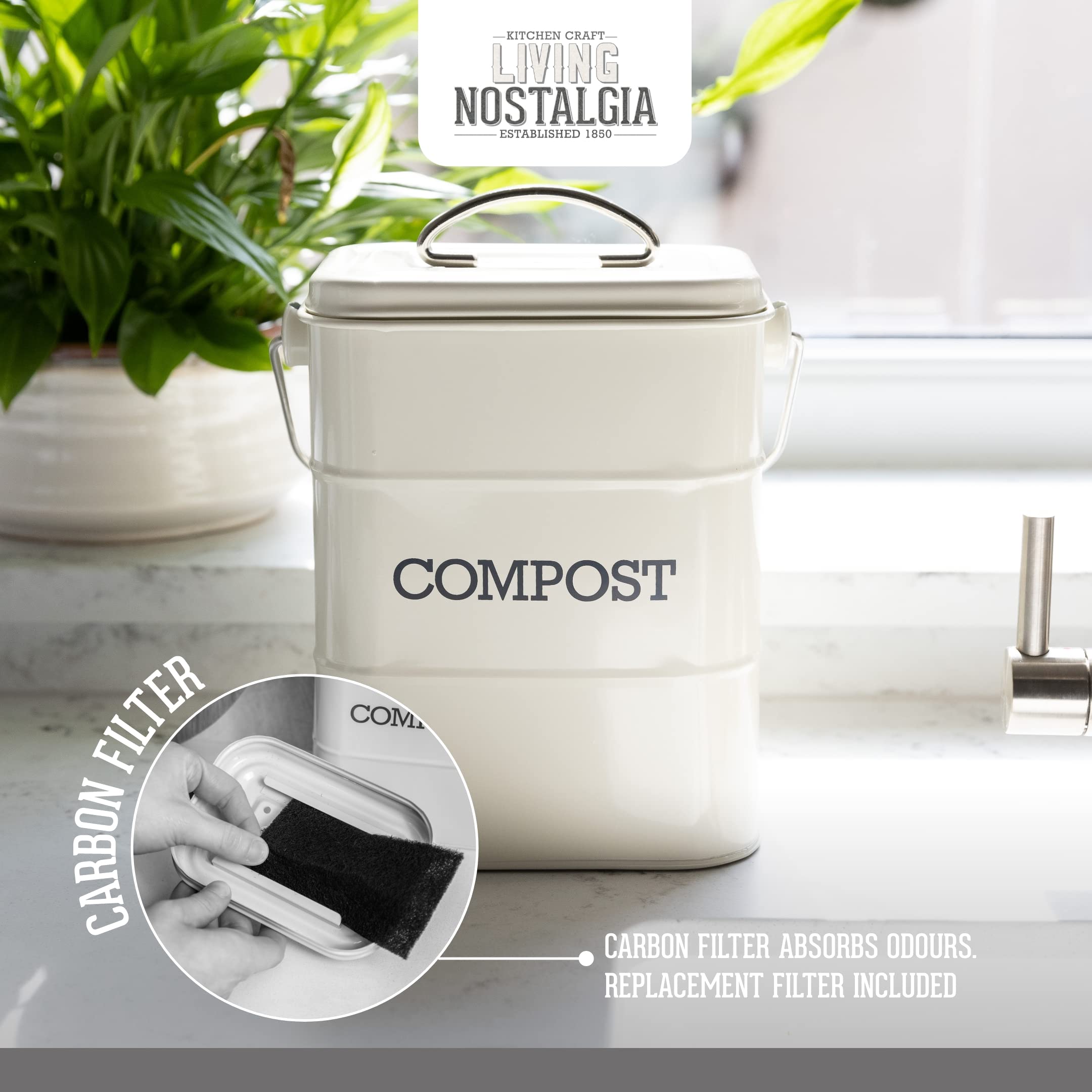 KitchenCraft Living Nostalgia Metal Kitchen Composter - 3L Capacity | Carbon Steel | Cream 3