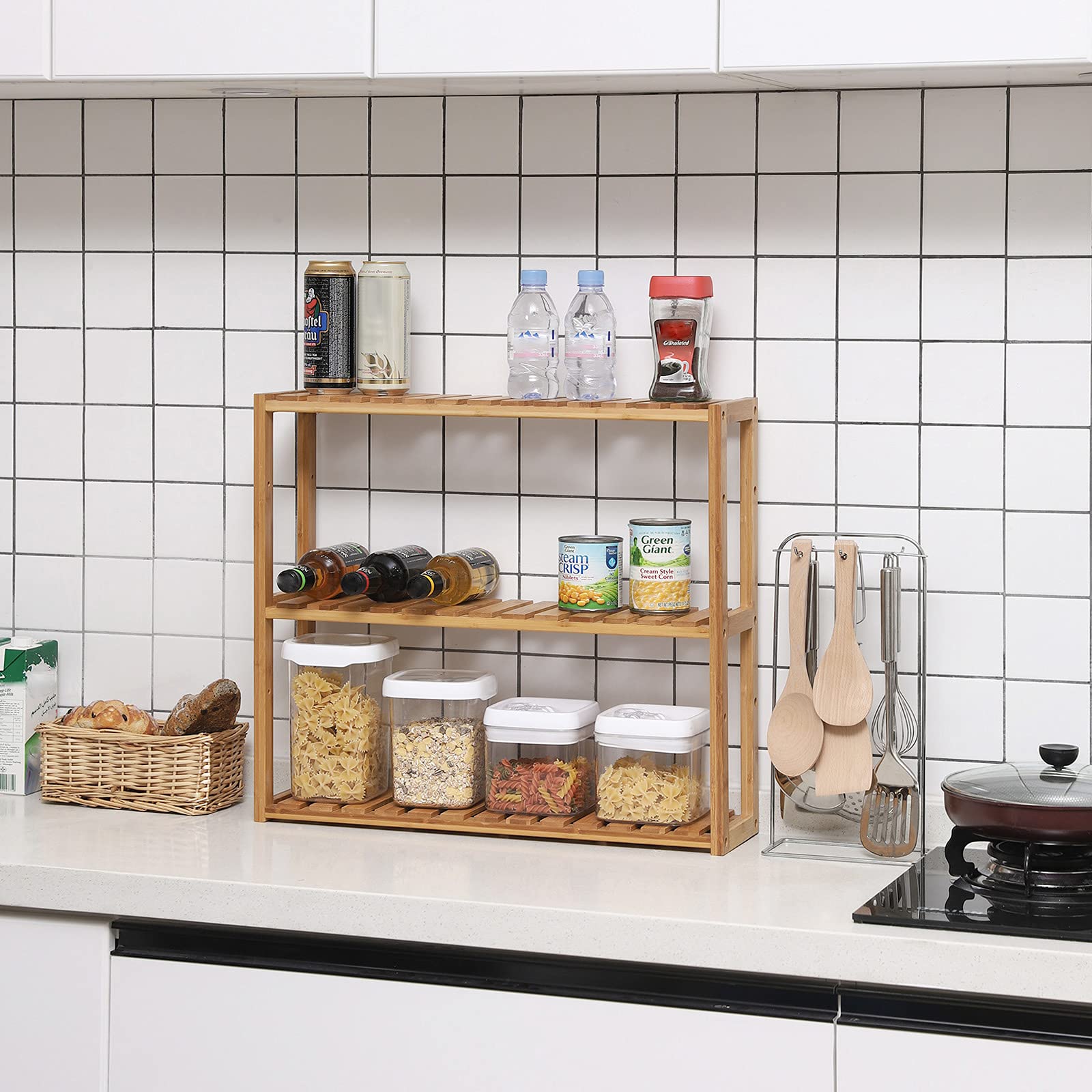 SONGMICS Adjustable Bamboo Standing Shelf Unit - 3 Tiers | Natural Color | 60 x 15 x 54 cm 6