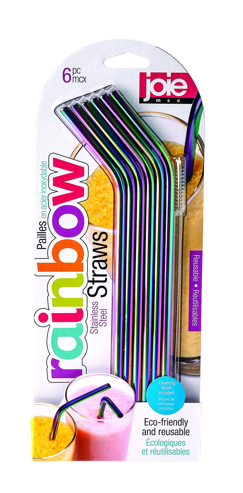 Joie Reusable Iridescent Metal Straws - Set of 6 Stainless Steel with Cleaning Brush | Rainbow 1