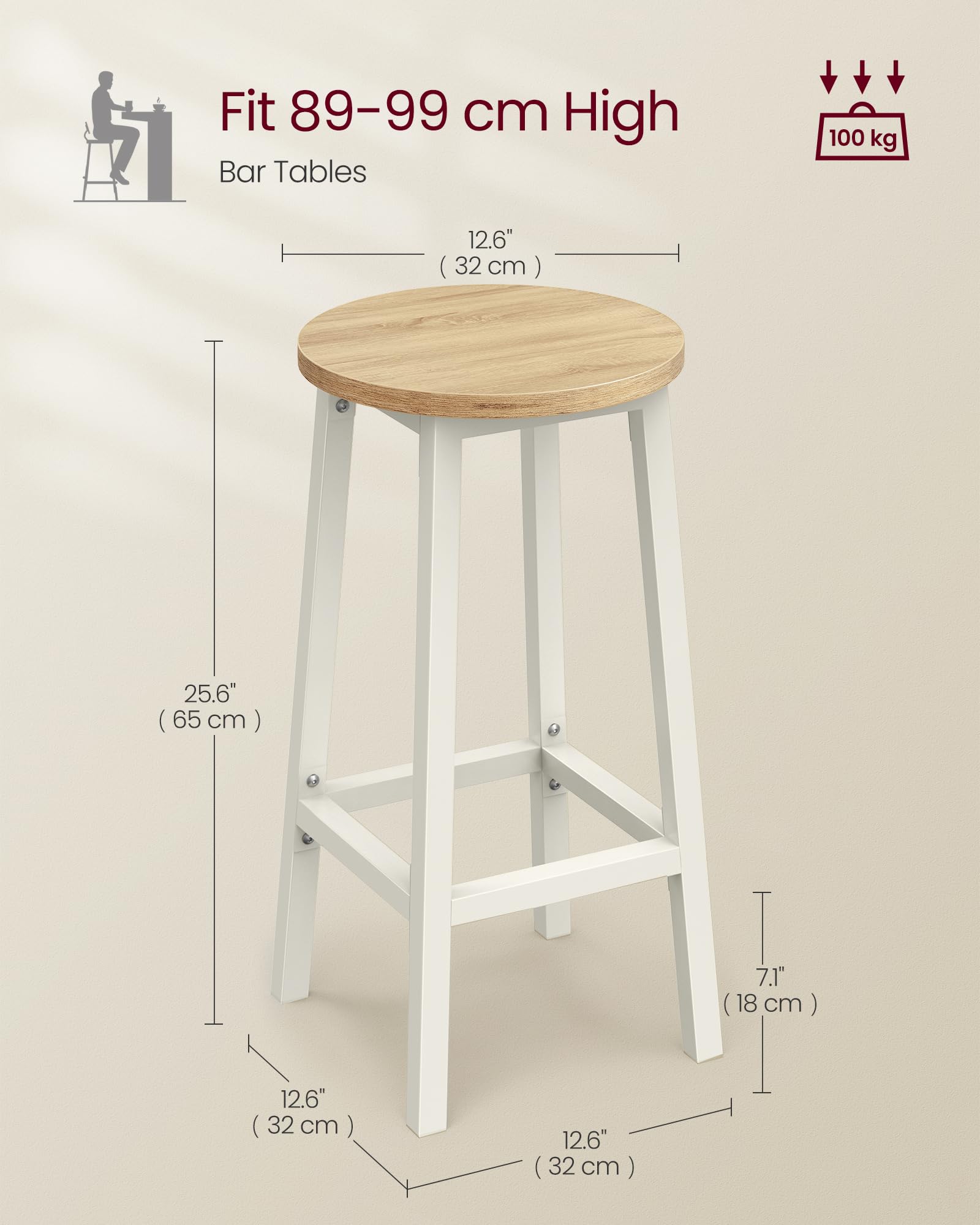 VASAGLE Bar Stools Set of 2 - Classic Beige & White Oak | Metal Frame | Footrest | Easy Assembly 3