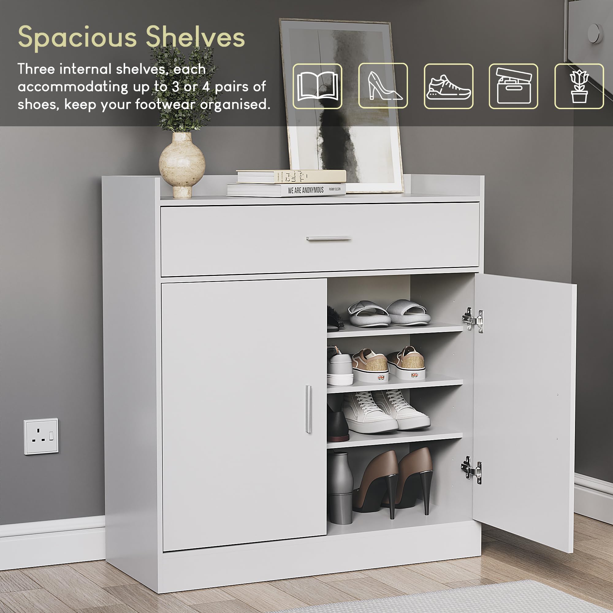 Vida Designs Dalby Shoe Cabinet - 2 Doors 1 Drawer | White | Particle Board & MDF 6