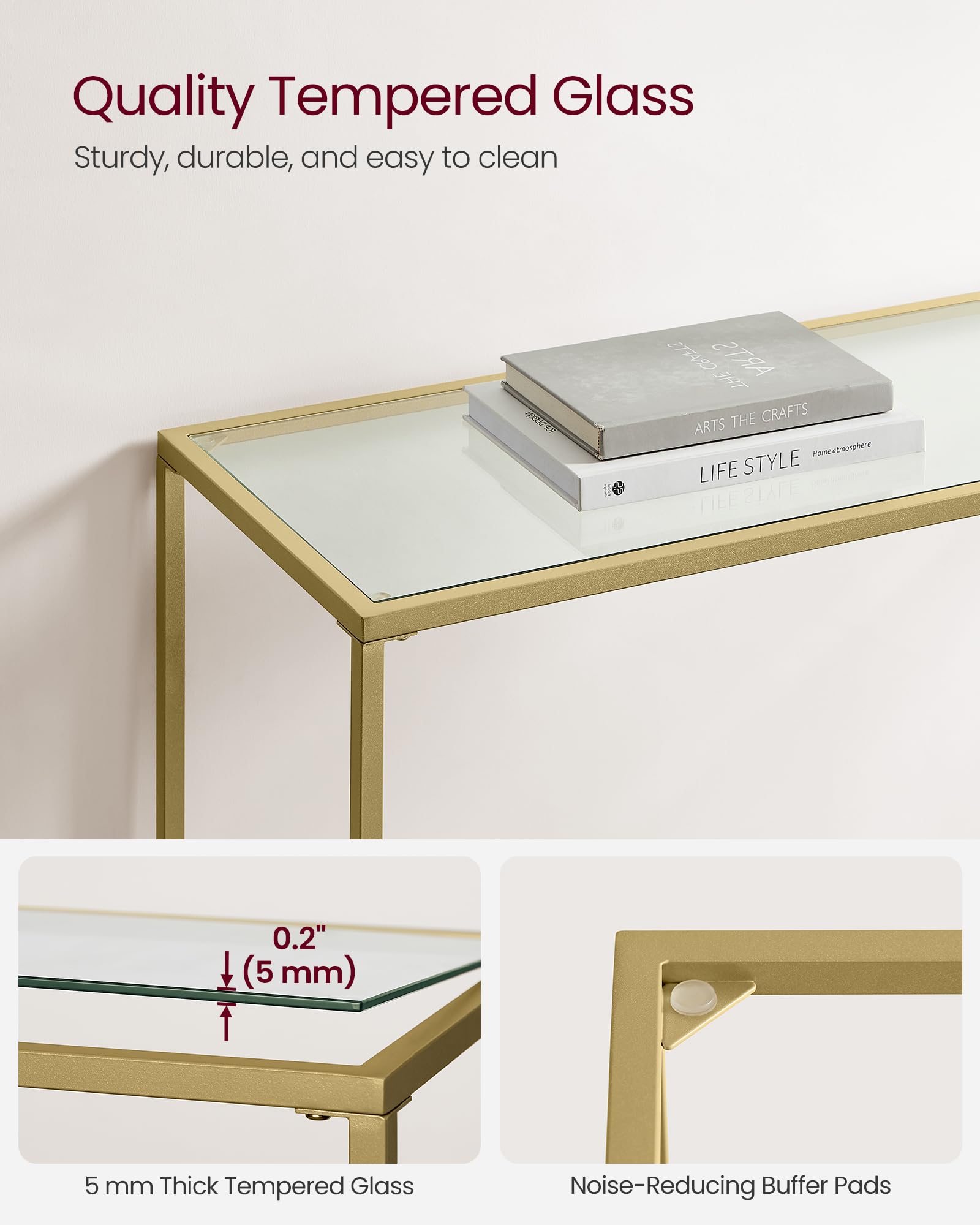 VASAGLE Console Table - Tempered Glass Top | Metal Frame | 100x35x80 cm | Gold Finish 6