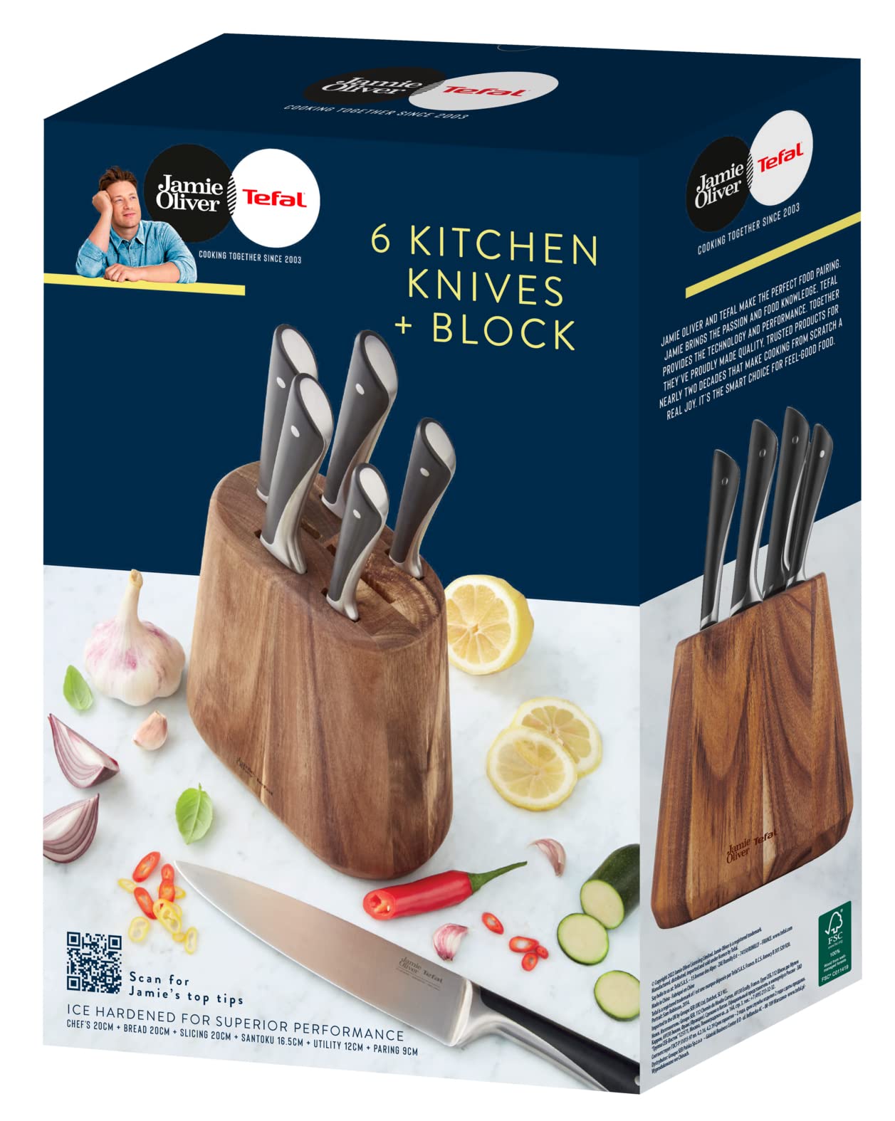 Tefal Jamie Oliver 6-Piece Kitchen Knife Set with Acacia Wood Block | German Stainless Steel 8