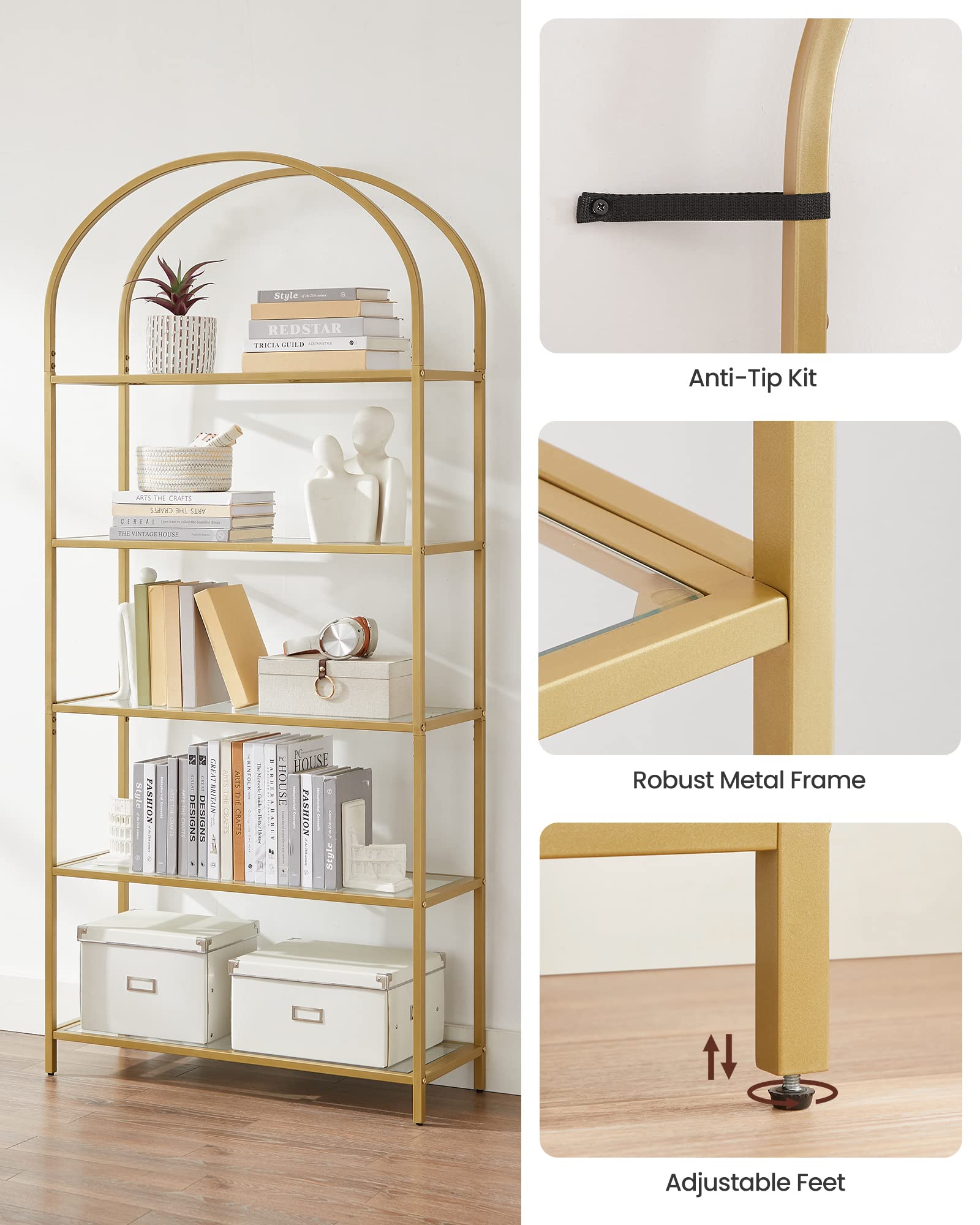 VASAGLE 5 Tier Shelving Unit - Tempered Glass Shelves | Gold Steel Frame | 83W cm 7