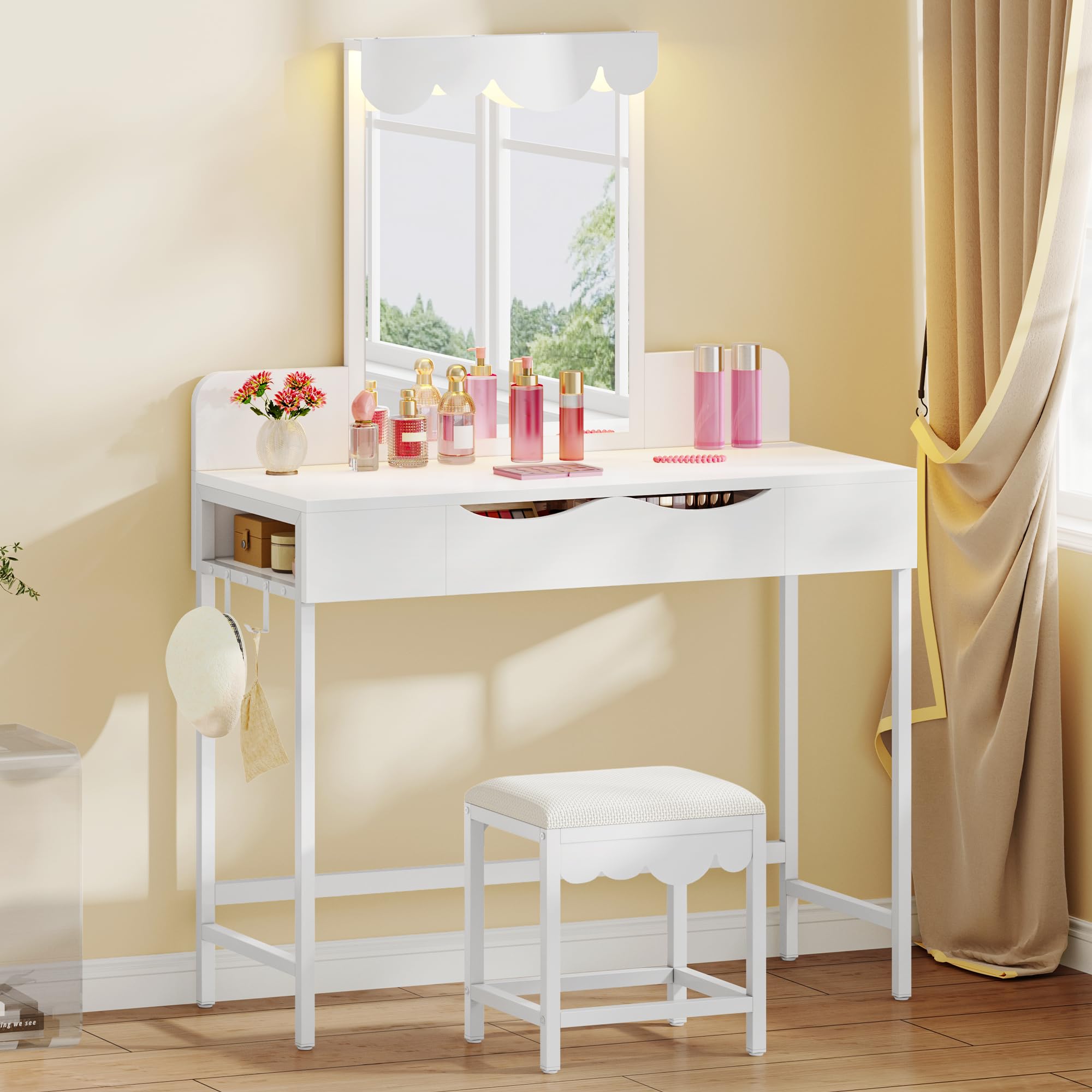 YITAHOME Cloud-Shaped Dressing Table with 3-Color LED Mirror & Stool | White Engineered Wood 1