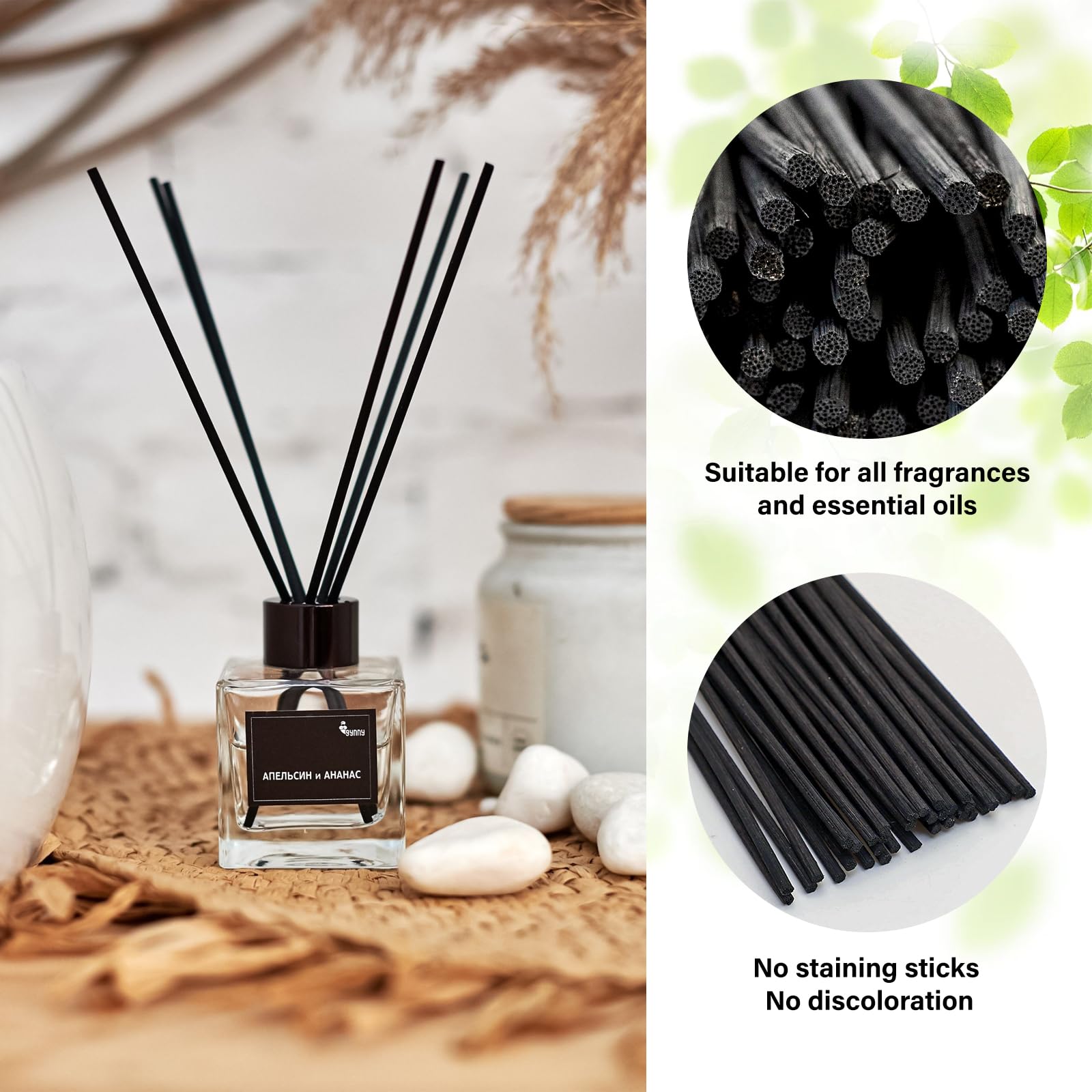 Admygo 160pc Reed Diffuser Sticks - 7.8 Inch Thick Rattan for Essential Oil Diffusion | Black/Natural Mix 3